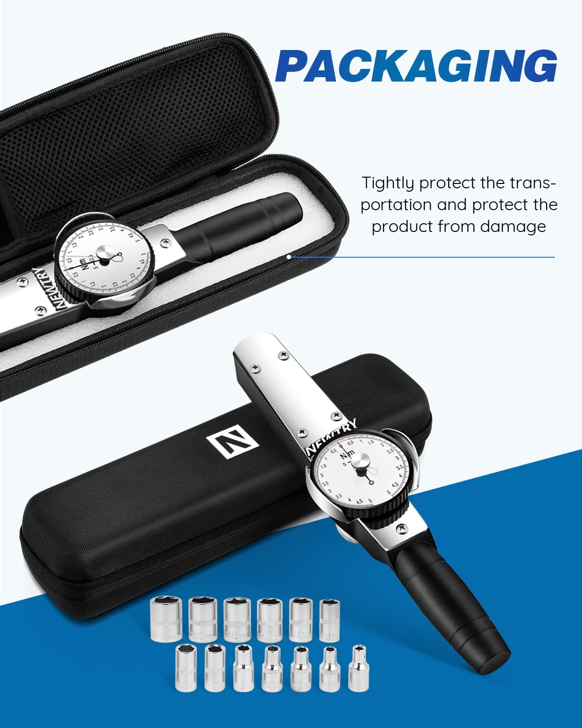 NEWTRY 0.5-5 N.m Torque Wrench with Sockets Set (4-14mm), Precision Torque Meter, 1/4 inch pound Dial Torque Force Tester