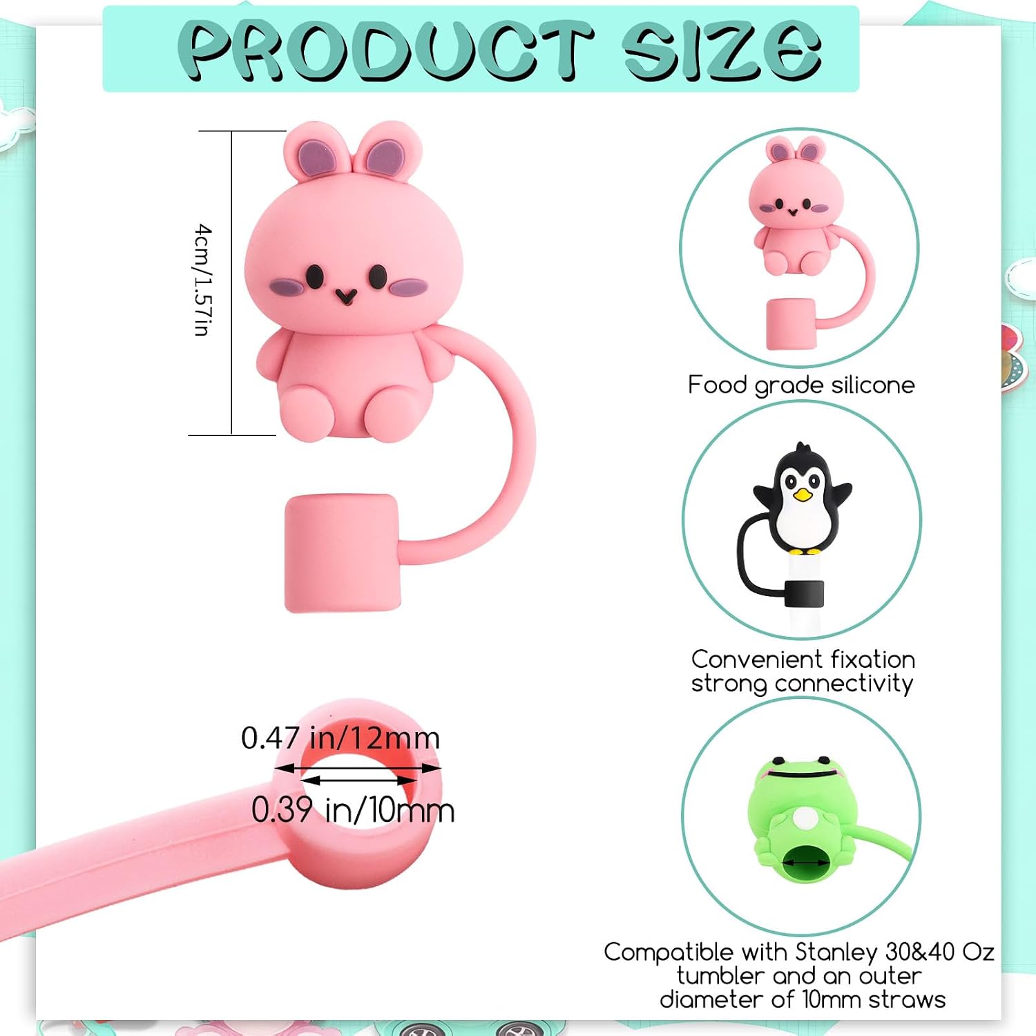 8Pcs Animal Straw Cover Cap, Cute Straw Topper for Stanley 30&40 Oz Tumbler