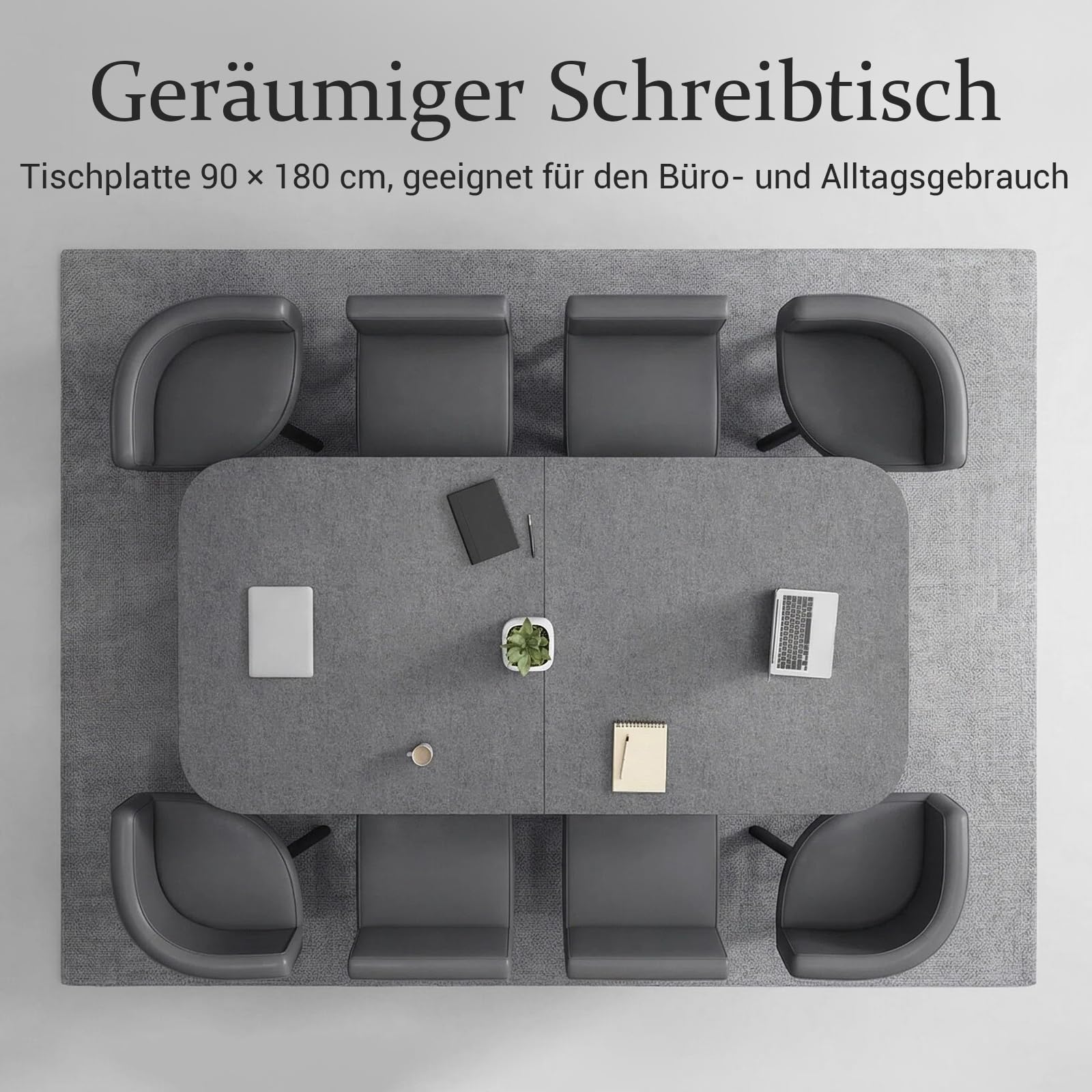 Konferenztisch 180x90cm, Moderner Besprechungstisch mit Metallrahmen und 8 Stühle, Rechteckiger Meetingtisch für 6–8 Personen für Büro, Konferenzraum, Seminarraum, Esszimmer (Grau)