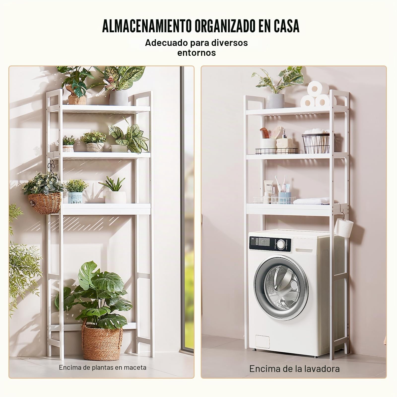 VEVOR Estante para Inodoro Ajustable de 3 Niveles Almacenamiento sobre Inodoro Estantería de Madera para Baño con 3 Ganchos Mueble de Baño Adecuado para la Mayoría de los Inodoros, Lavadero, Blanco