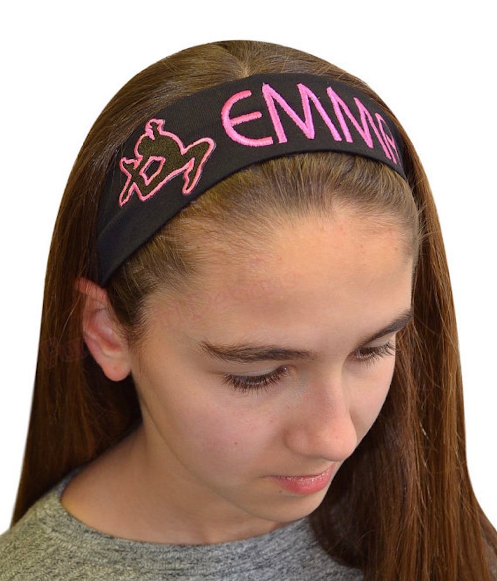 Funny Girl Designs Personalized Cotton Stretch GYMNAST Headband with Custom Embroidered Name (Black Headband - Hot Pink Thread)