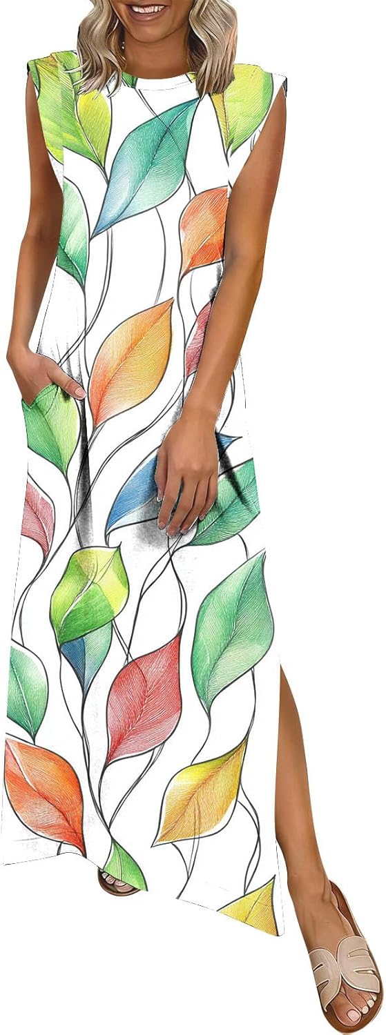 Sleeveless Slit Maxi Dress for Women Pullover Loose Crewneck Versatile Casual Boho Beach Dresses with Pockets
