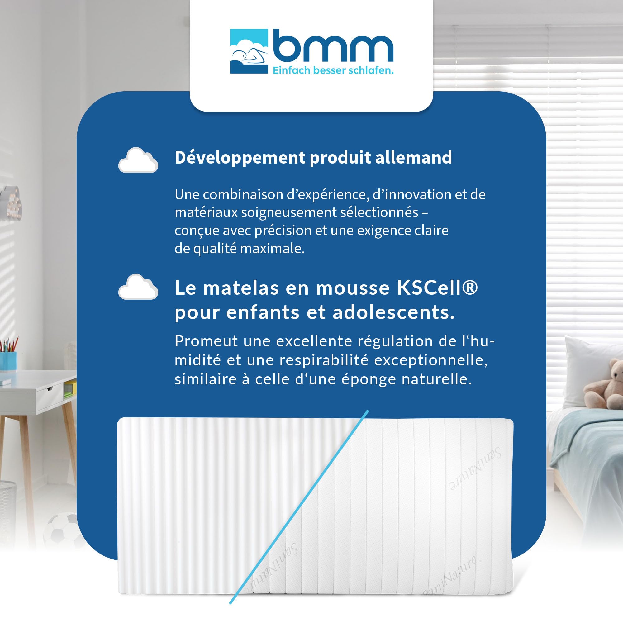 BMM Matelas pour Enfants Razze 90x200 cm, Niveau de Fermeté H2 / Mousse Froide Certifié Öko-Tex / Adapté à Tous Les Lits / Fabriqué en Allemagne