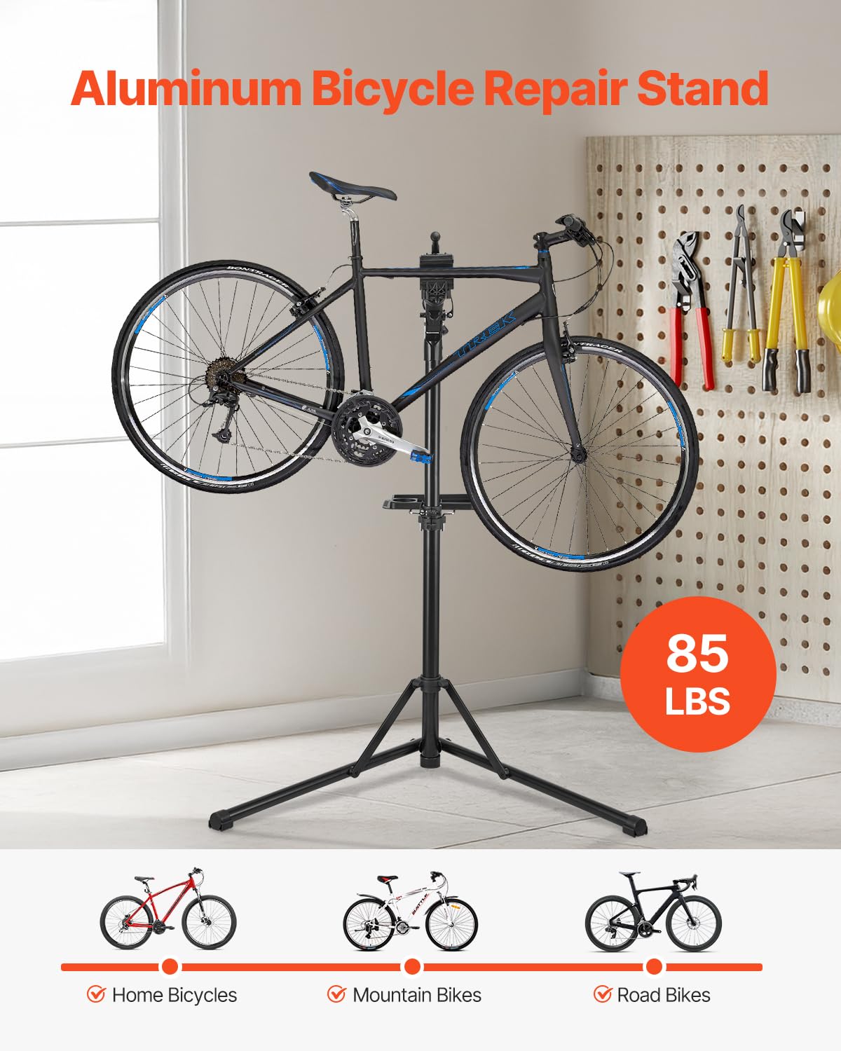 VEVOR Supporto per Riparazione Bici, da 37 kg con Altezza Regolabile da 102 a 162 cm e Vassoio Portautensili Magnetico, Supporto Pieghevole per Manutenzione Bici, per Meccanici da Casa