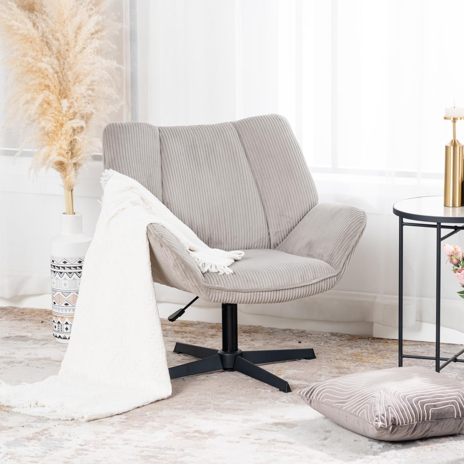 MEUBLE COSY Fotel tapicerowany obrotowy fotel do salonu sypialni biura fotel relaksacyjny z grubym siedziskiem i podłokietnikami z aksamitu żebrowanego szarobrązowego