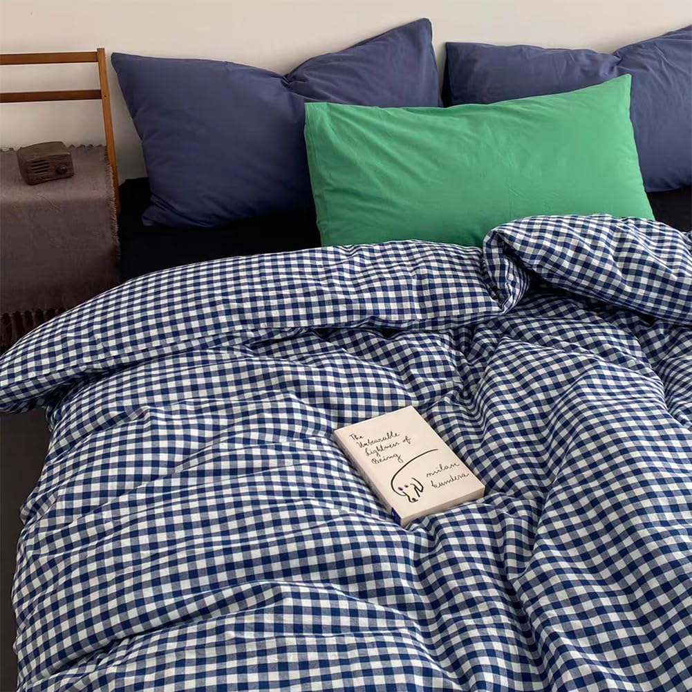 Covebett Blue Gingham Duvet Cover Double Blue White Gingham Plaid Checkered Grid Bedding Set Navy Blue Modern Microfiber Comforter Cover 200x200 cm with Zipper Closure and 2 Pillowcases 50x75 cm