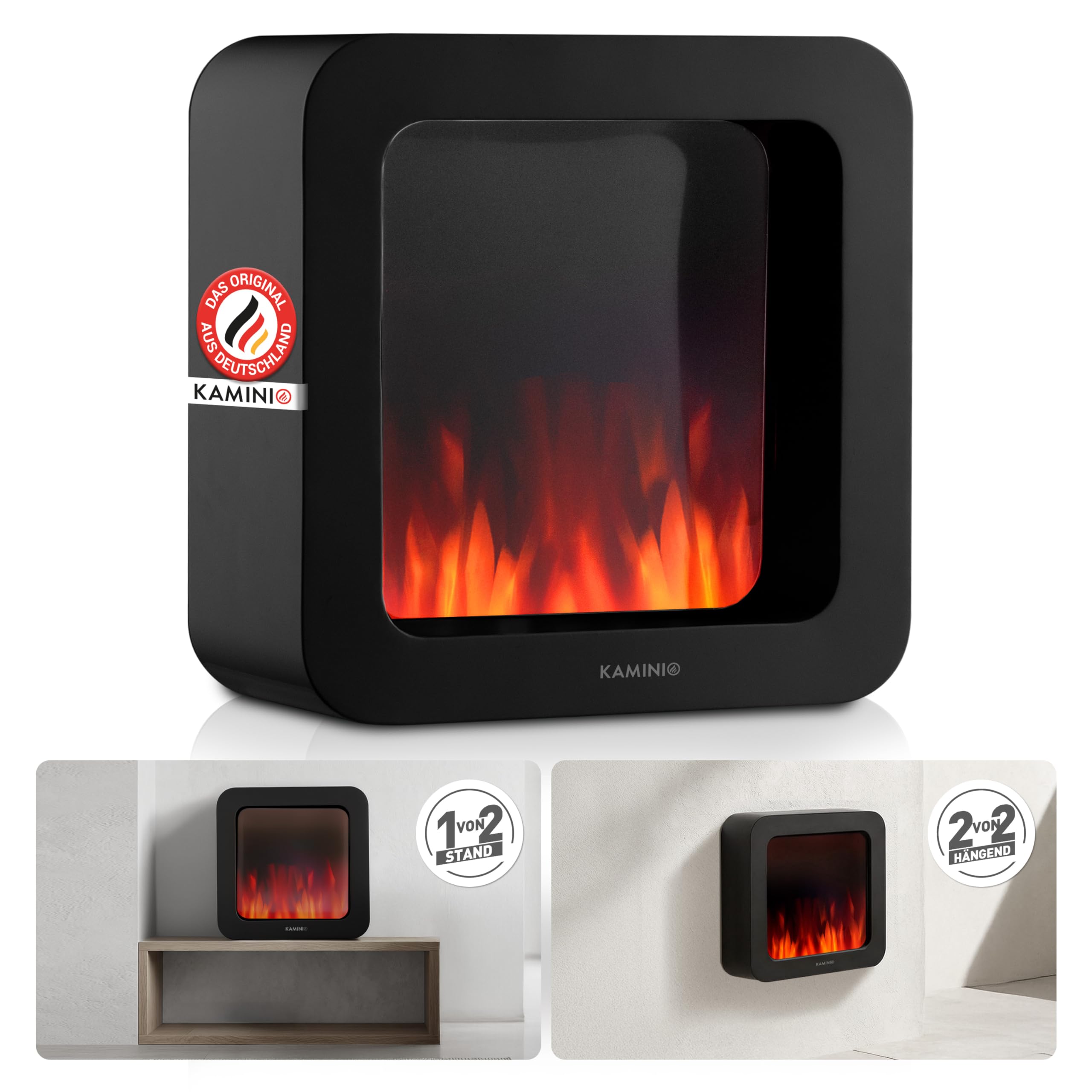 KAMINIO Elektrischer Tischkamin Mia XL - Dekoratives Elektro-Tischfeuer mit 3D-Flammeneffekt, ausdauerndem Akku für Portable Nutzung (Schwarz, 16"/40cm)