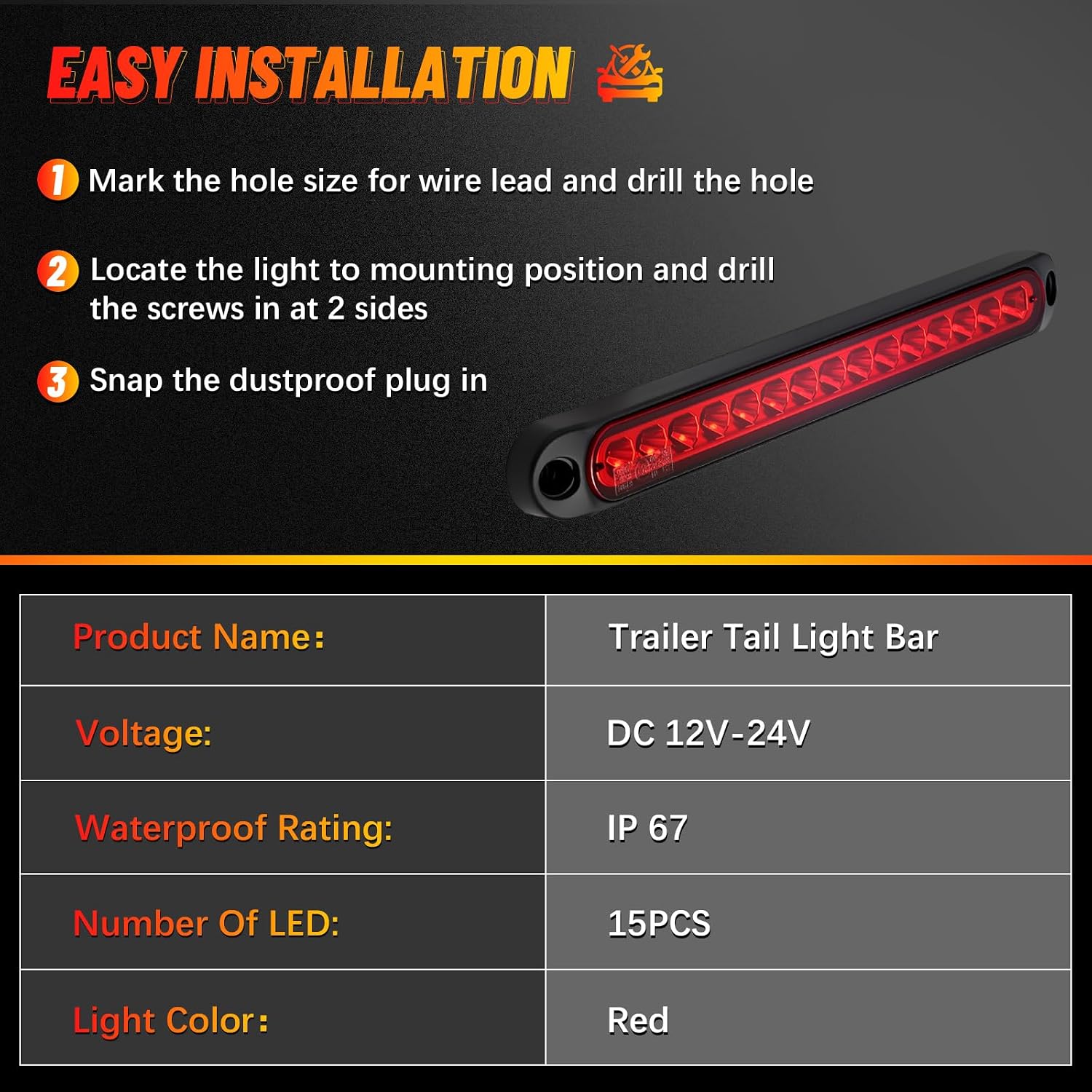 nifeida 2PCS 10 Inch 15 LED Trailer Light Bar for Park Stop Turn Tail Lights/Brake Light, IP67 Waterproof Marker ID Clearance Strip for Truck Trailer Golf Cart Pickups Boats
