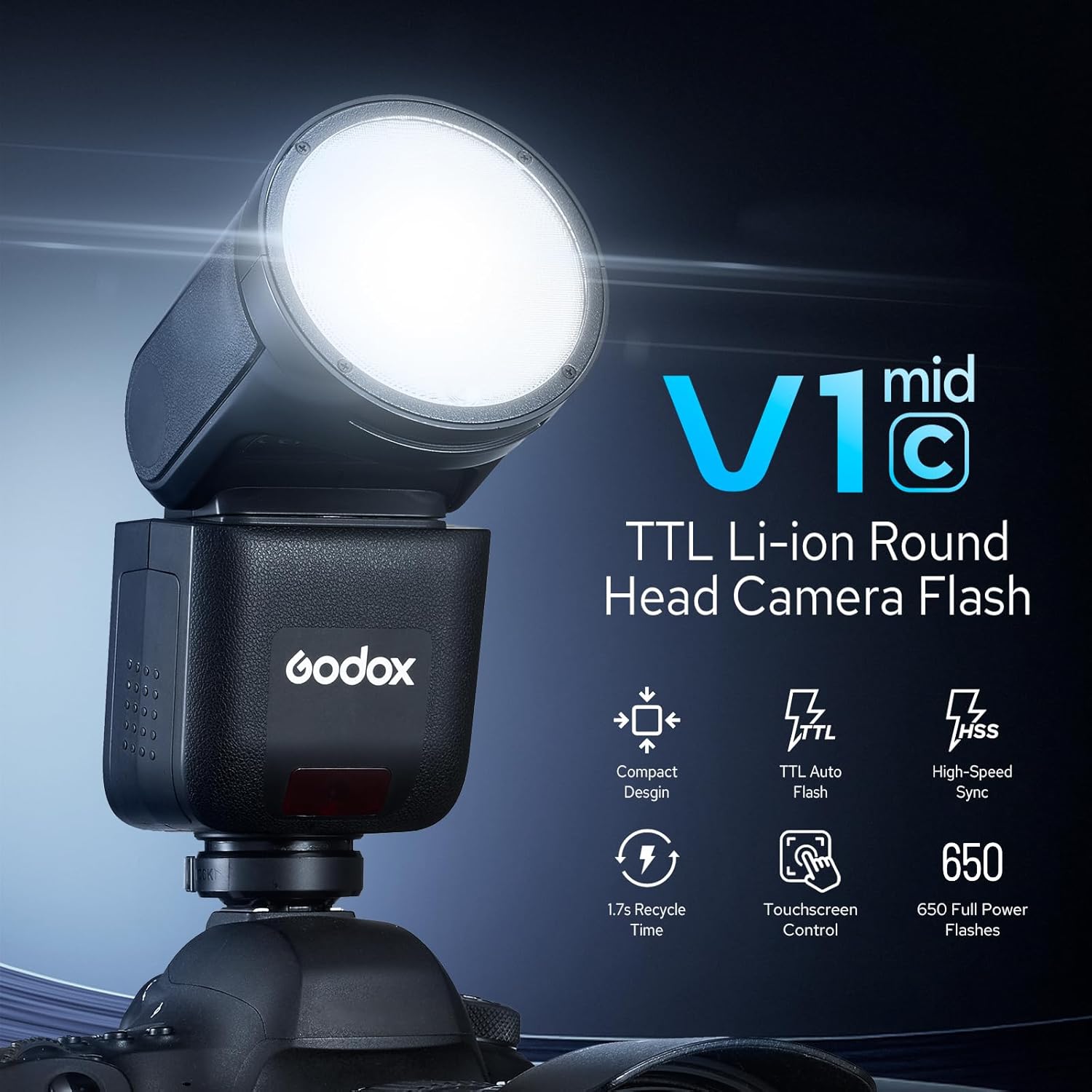 Godox V1 Mid C V1Mid C Round Head Camera Flash for Canon, 55Ws 2.4G TTL Speedlite for Canon HSS 1/8000s, 2200mAh Li-ion Battery, 650 Full Power Shots, 1.7s Recycle Time, 10 Level LED Modeling Lamp