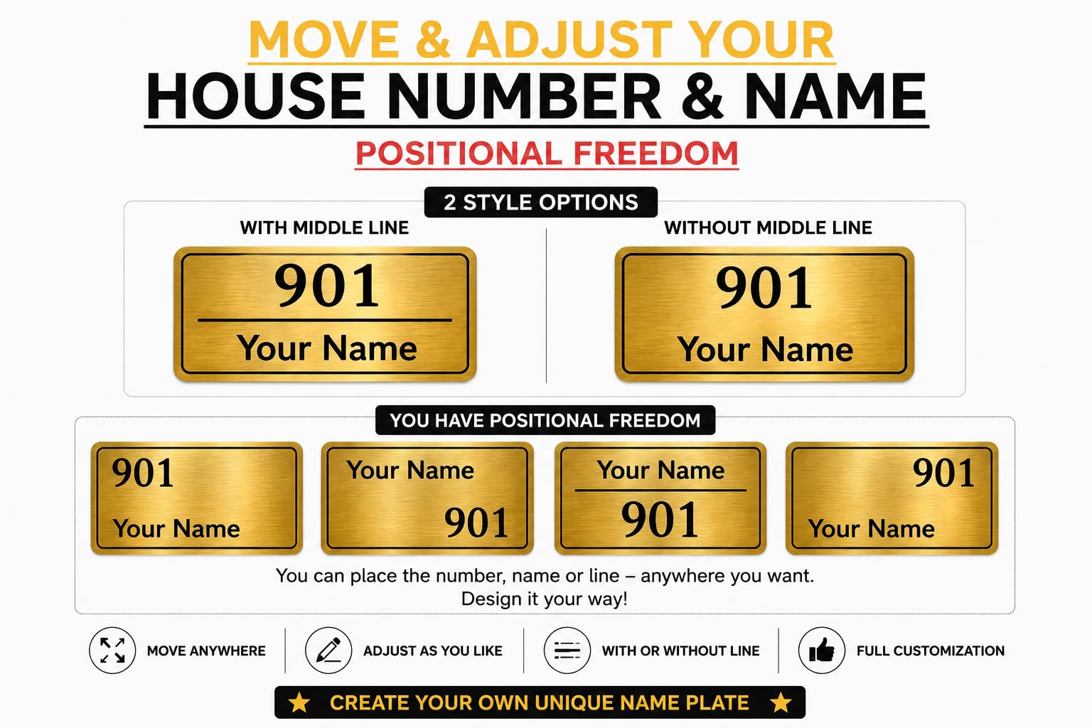 Customized Acrylic Name Plate | Personalized House Number Sign for Home & Office | Premium Golden Brushed Finish | Modern, Weatherproof(Self-Adhesive) | Flat/Apartment/Hotel Door Sign (7 x 4.5 Inches)(Golden) — Amazon image 7