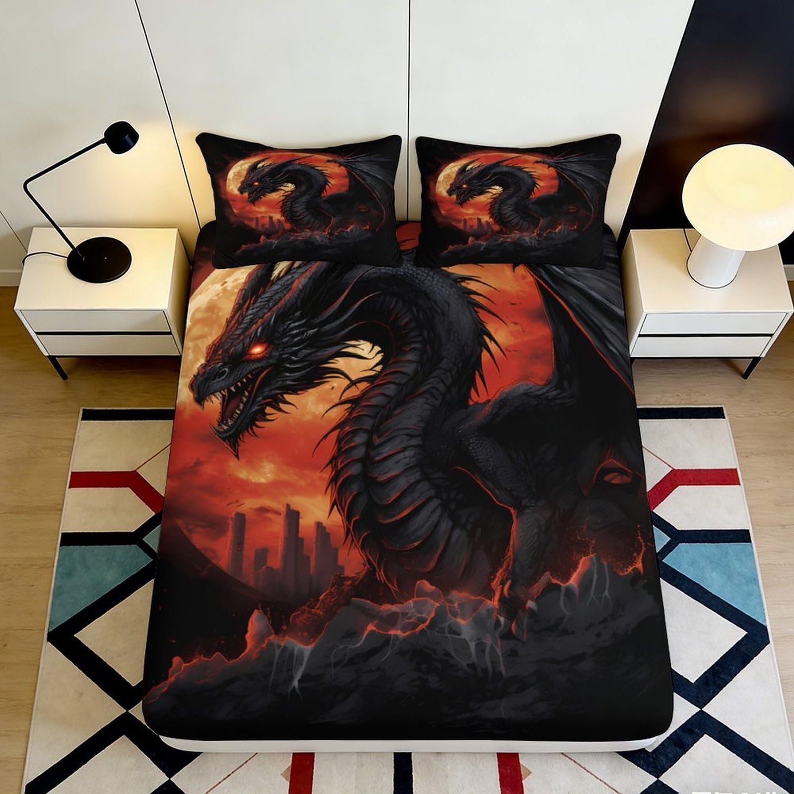 3D Printed Black Dragon Fitted Sheet Microfiber Soft Fire Castle Bed Cover for Bedroom Dorm Mattress Decor 90x200x25cm
