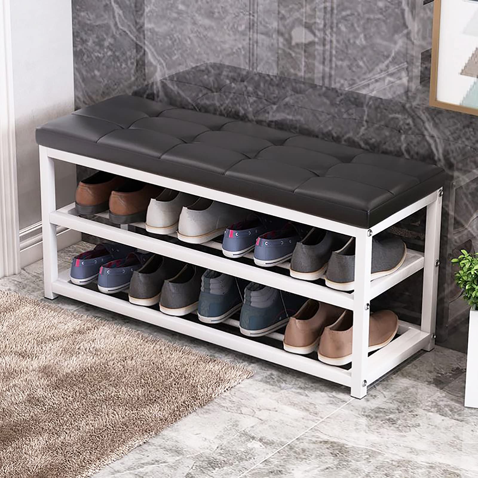 Banc à chaussures avec coussin et étagère en métal noir pour entrée de maison de 90 cm