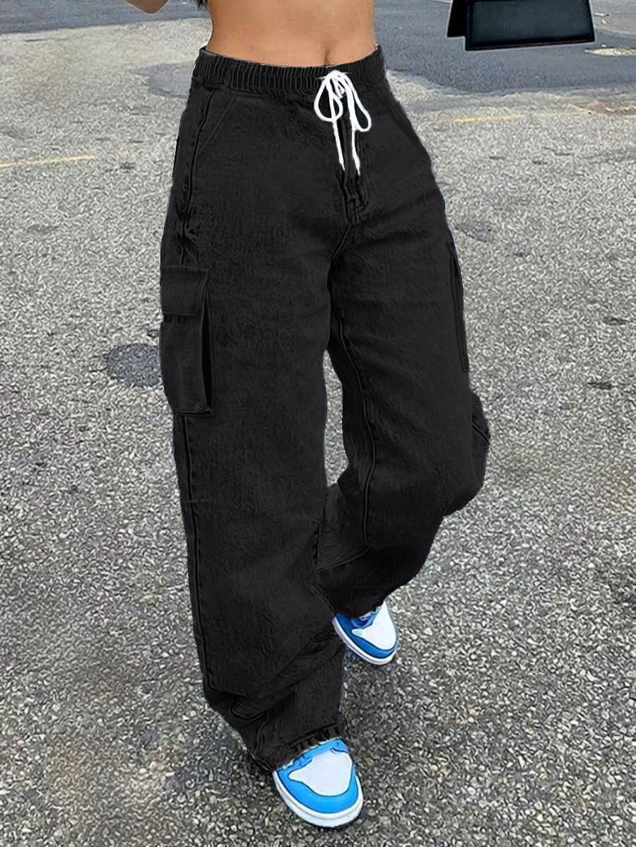 Cargo Jeans for Women Wide Leg High Waisted Stretchy Multi Pockets Baggy Denim Cargo Pants - Image 3