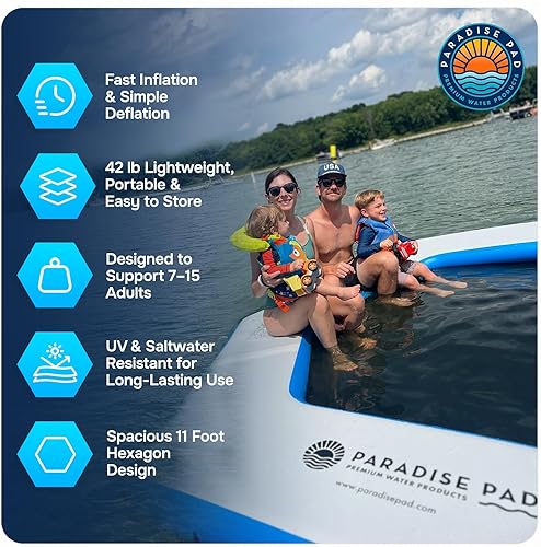 Miniatura 4 de Alfombrilla inflable para agua – Alfombrilla flotante hexagonal de 11 pies para lago con malla | Hamaca de agua flotante