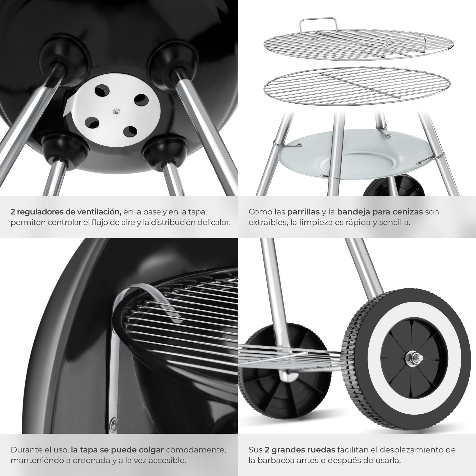 tectake® Barbacoa Carbon Redonda con 2 Ruedas, Parrilla Cromada Ø41,5 cm Tapa con Regulador de Aire, Bandeja Recogecenizas Extraíble, Bbq Grill, Barbacoa Portatil, Cocina Exterior - Negro/Plata