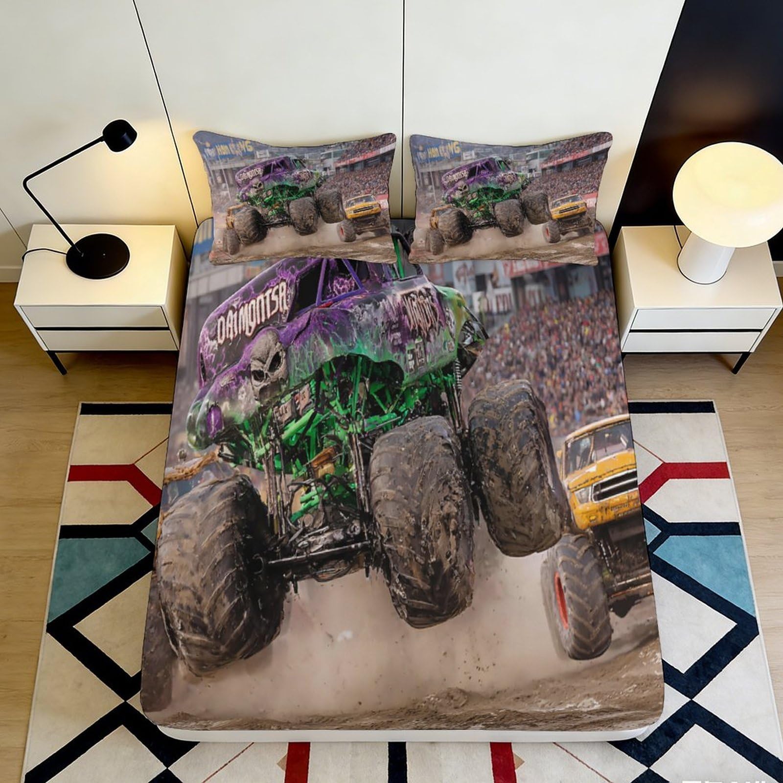 3D Printed Monster Truck Fitted Sheet Microfiber Soft Durable Racing Scene Bed Cover for Bedroom Guest Room Decor 90x200x25cm