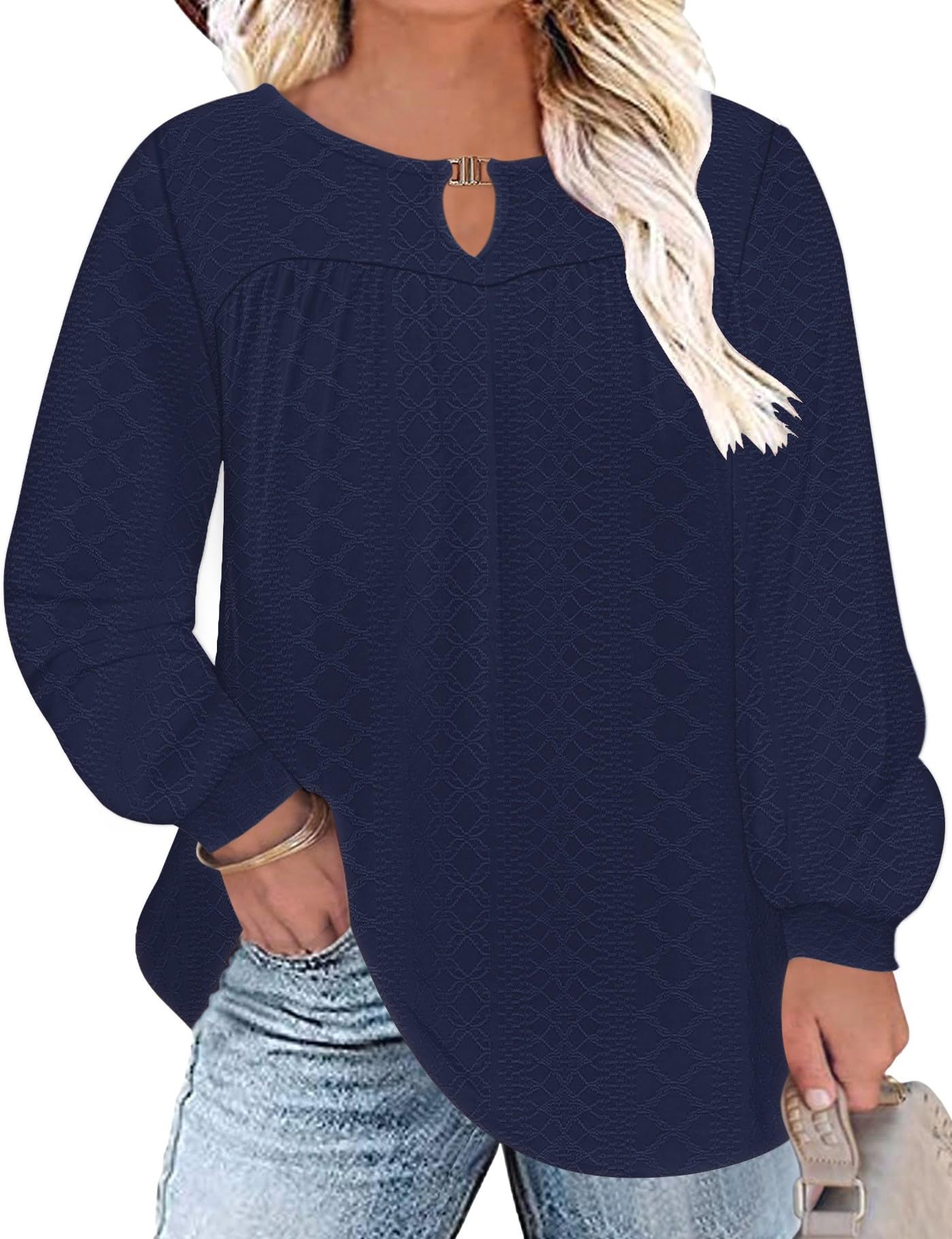 TFSDOD Women Plus Size Tops Long Sleeve Shirts V Neck Pleated Keyhole Blouse Loose Work Tunic Tee 1X-5X
