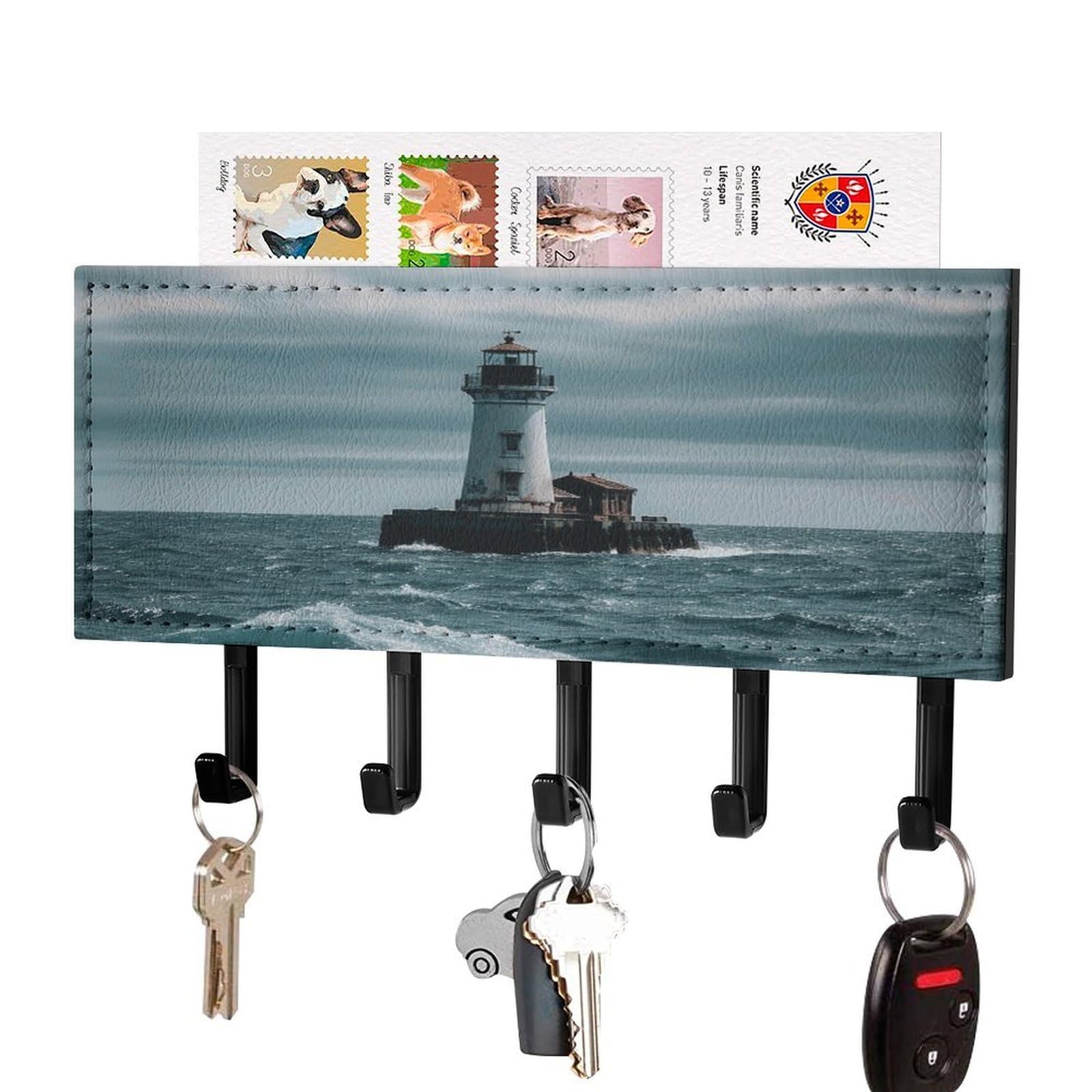 FekiLoot Lighthouse Ocean Key Holder for Wall Decorative Mail Organizer with 5 Key Hook Self Adhesive Key Rack with Tray Coat Rack Wall Mount Key Hanger Decor for Entryway Door