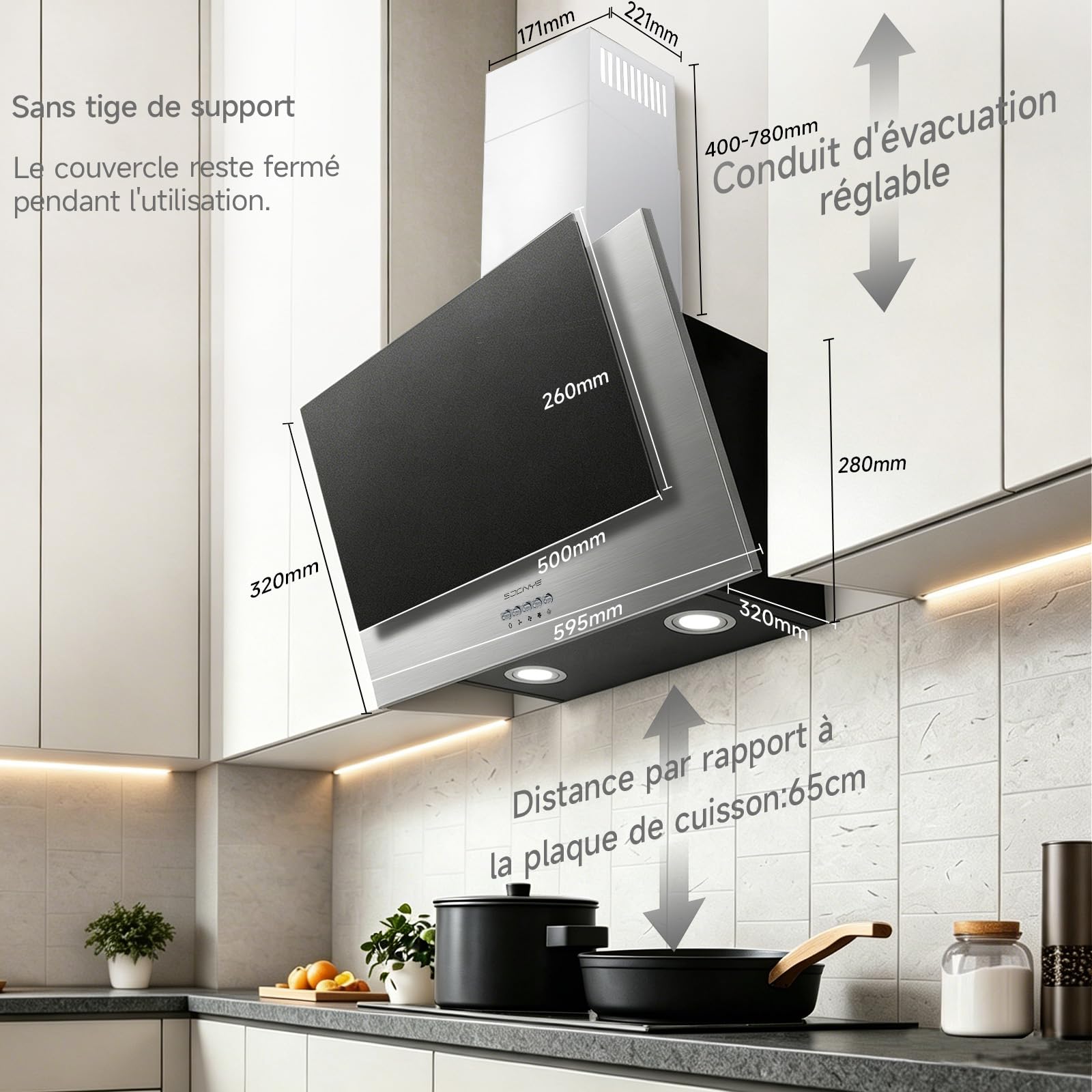 Hotte Aspirante Inclinée 60cm Classe A+++, Hotte Cuisine 370m³/h, Noir Verre Dépoli,Filtres à Charbon Inclus,Hotte Murale Evacuation ou Recyclage