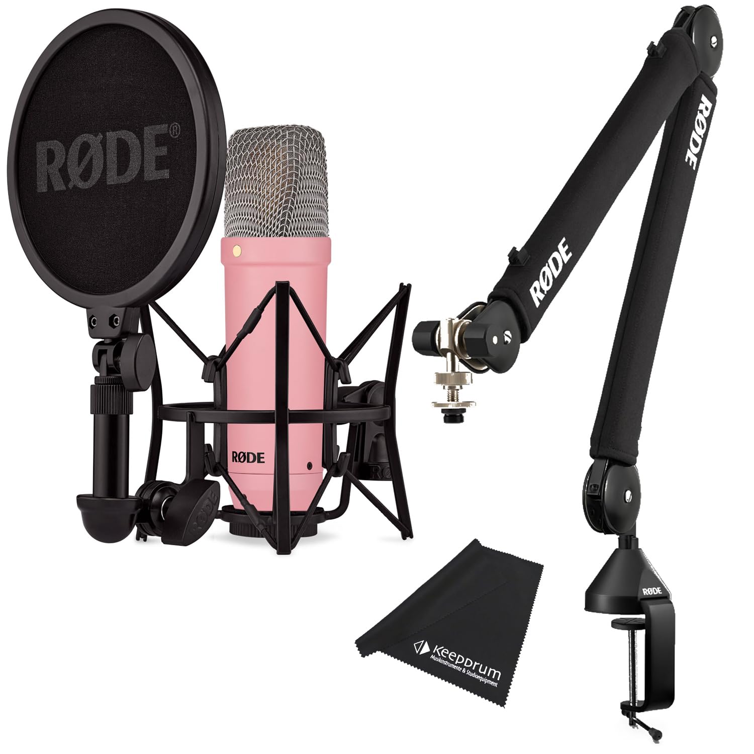 Rode NT1 Signature Pink - Micrófono de estudio rosa + trípode de brazo articulado PSA-1 Plus negro + paño de microfibra keepdrum