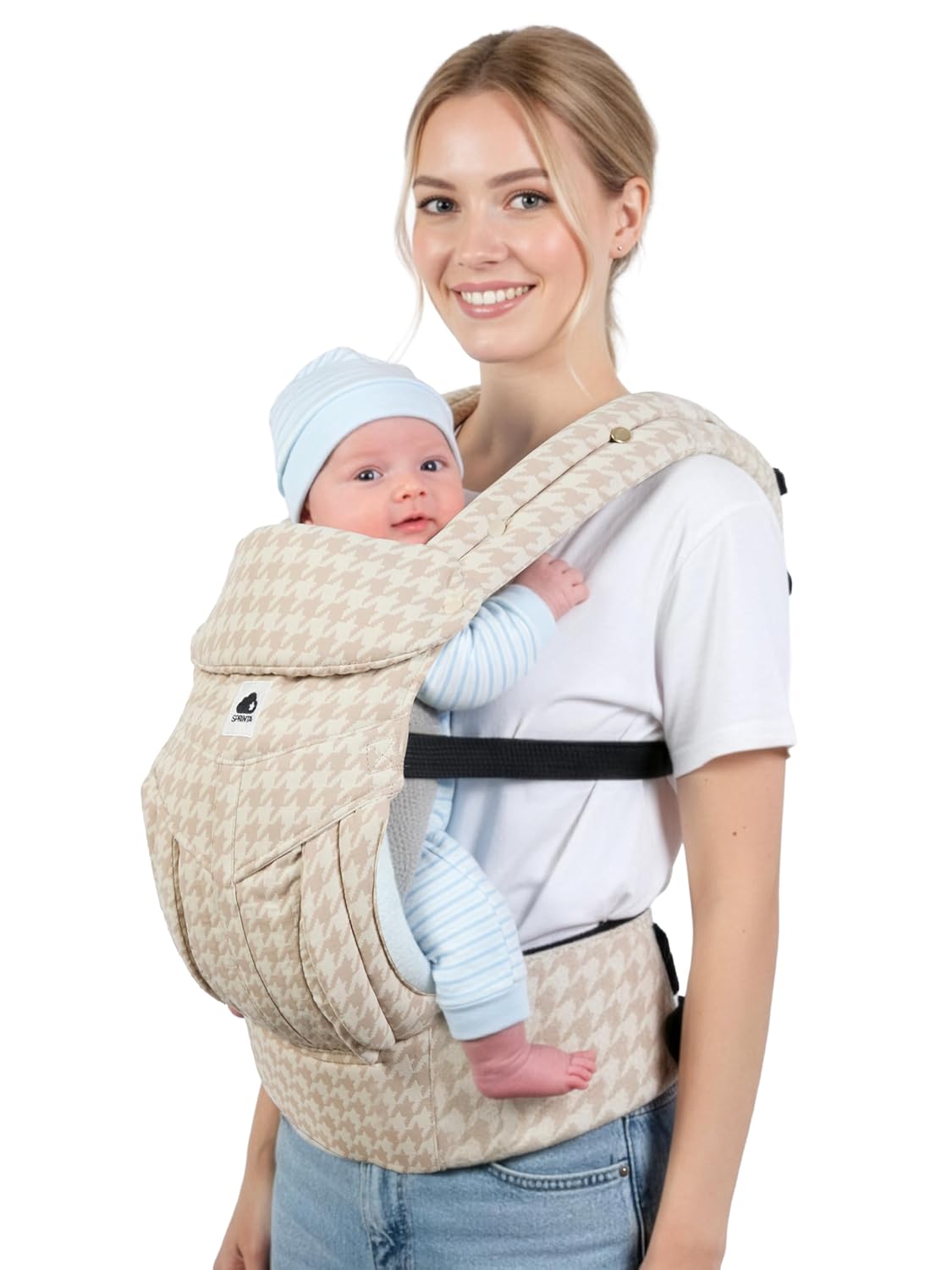 Hip Seat Baby Carrier Belt – Houndstooth 280 GSM Cotton‑Linen, Ergonomic Lumbar Support, Newborn‑to‑Toddler 7‑45 lbs, Breathable Mesh, Storage Pockets – Sprinta (Black and White Houdstooth)