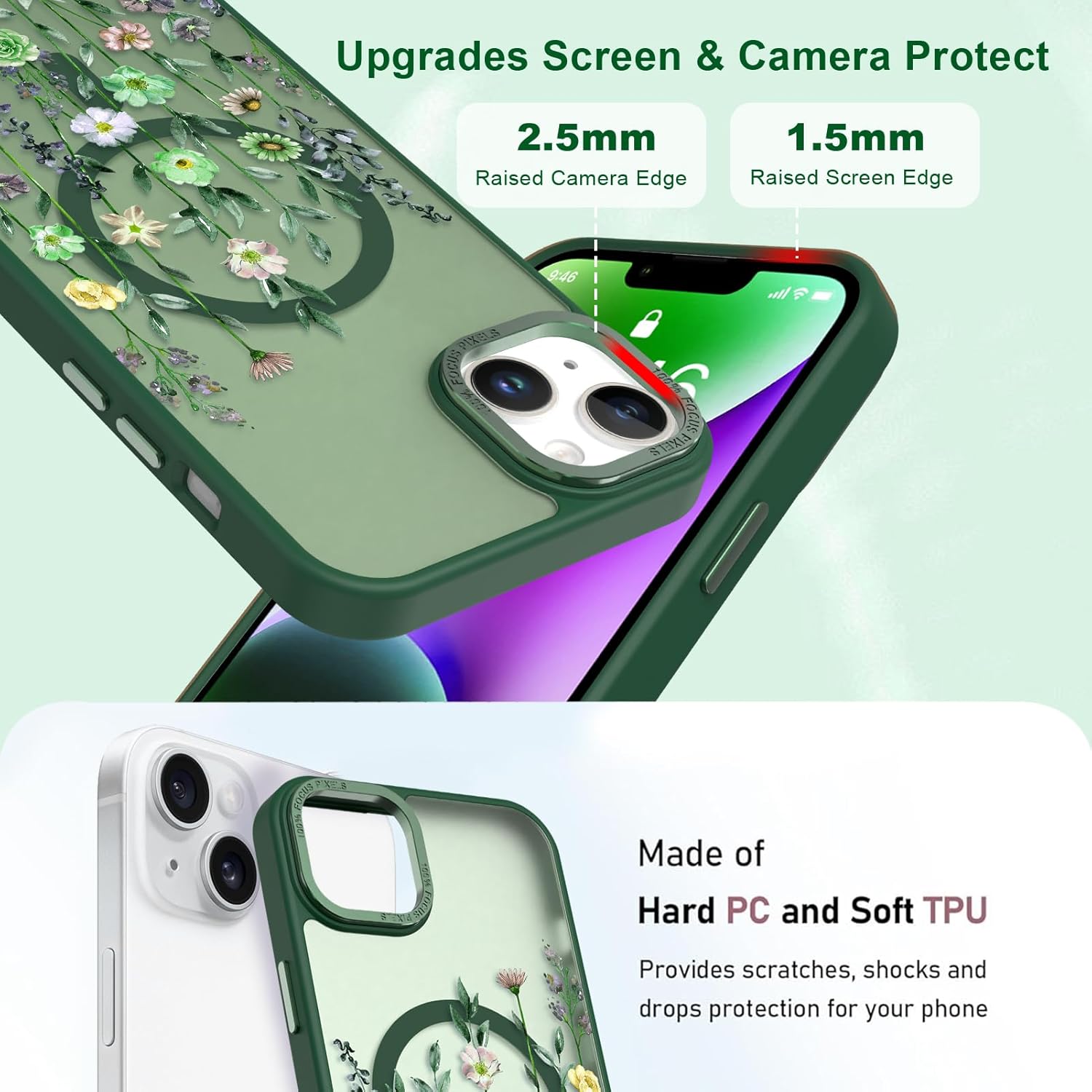 Magnetic for iPhone 14 Case with Screen Protector [Compatible with MagSafe] Pretty Flower Floral Pattern Design, Shockproof Slim Cover for Women Girls, Green