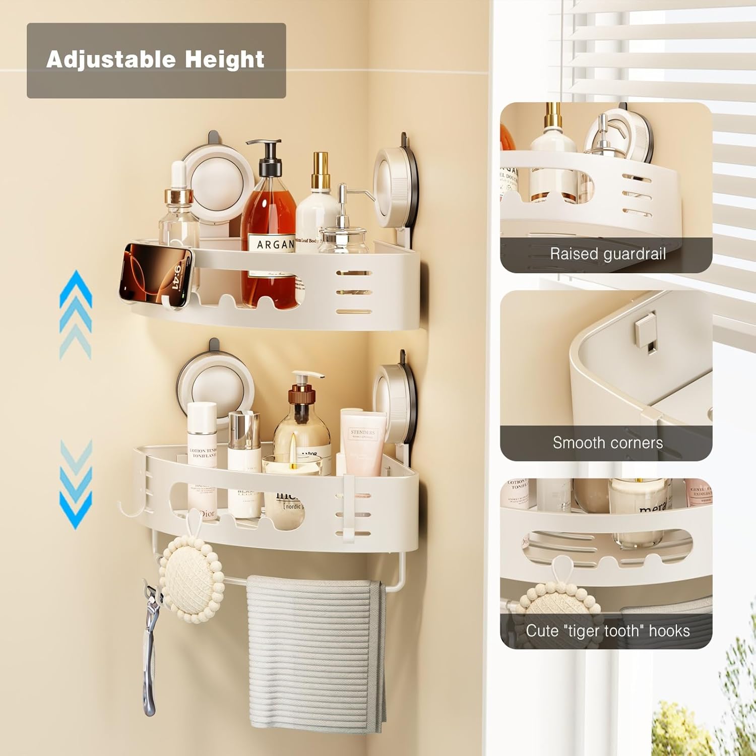 Voldra Corner Shower Caddy Suction Cup, Aluminum Corner Shower Shelves for Wall No Drilling, Large Suction Cup Shower Organizer with Towel Bar & Hooks Removable Bathroom Storage Rack(1 Pack-White)