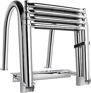 Marinebaby 4 Steps Pontoon Boat Ladder, Stainless Steel Folding Telescoping Rear Entry Inboard Ladder Heavy Duty Custom Swim Deck Ladder with Pedal Hand Railing Ladder Dock Ladder Extra Wide Steps