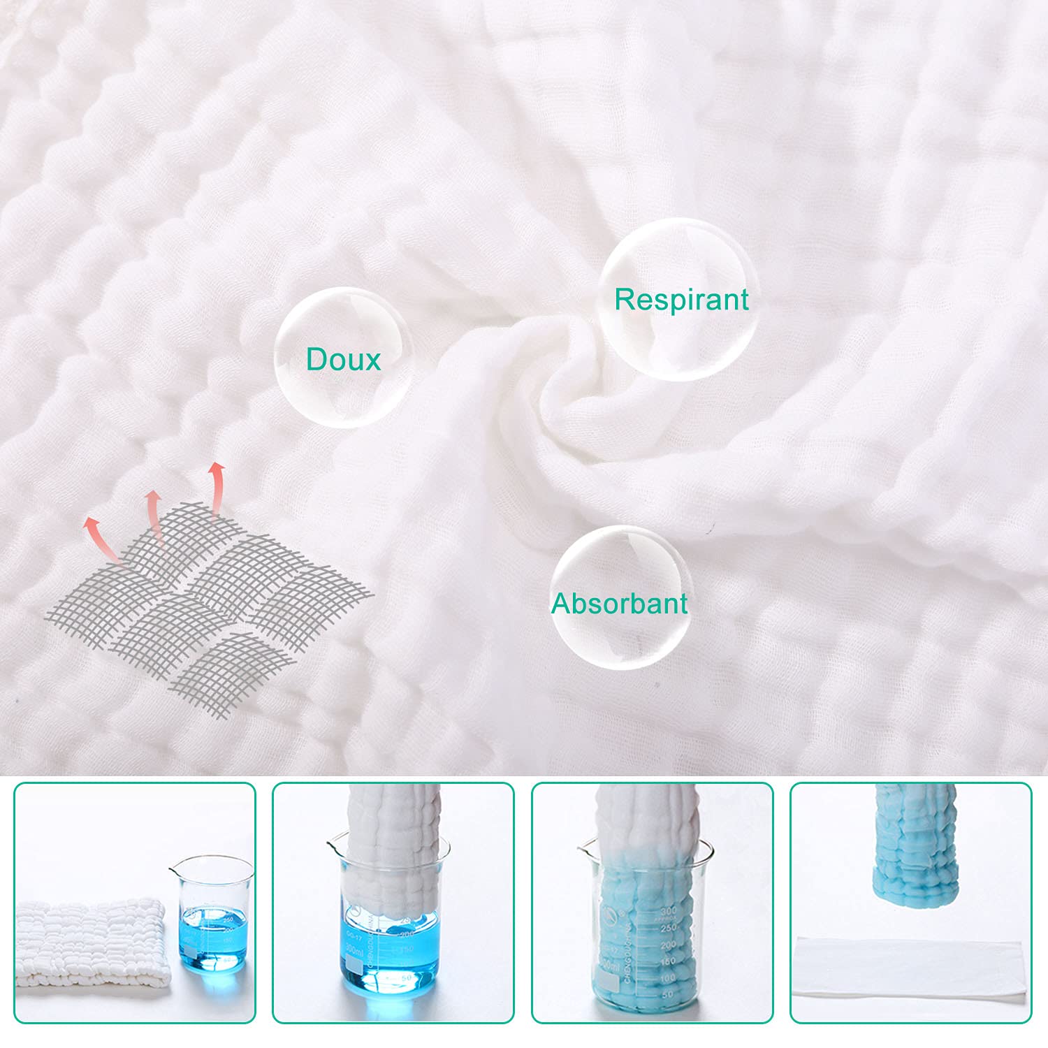 Yoofoss Lange bébé en Mousseline de Coton Lot de 10 Langes 27x50 cm Carrés de Mousseline Super Doux Absorbant avec 6 Couches pour Peaux Sensibles pour Nouveaux-nés Blanc