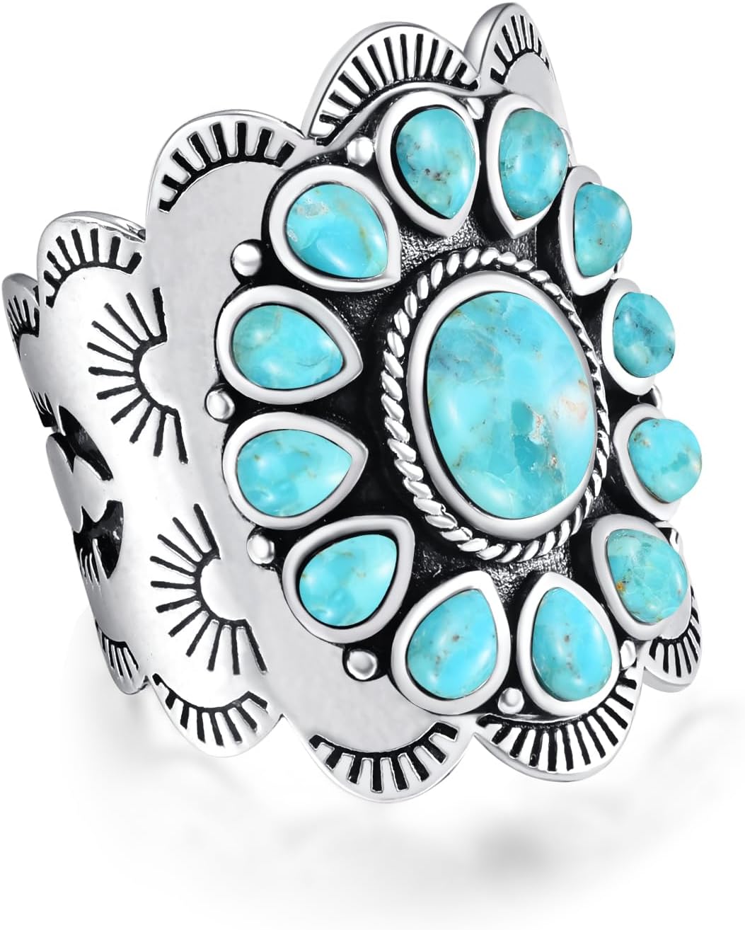 Turquoise Rings for Women, 925 Sterling Silver Vintage Statement Ring with Coral Spiny Oyster, Multi Color Boho Band, Size 6-10