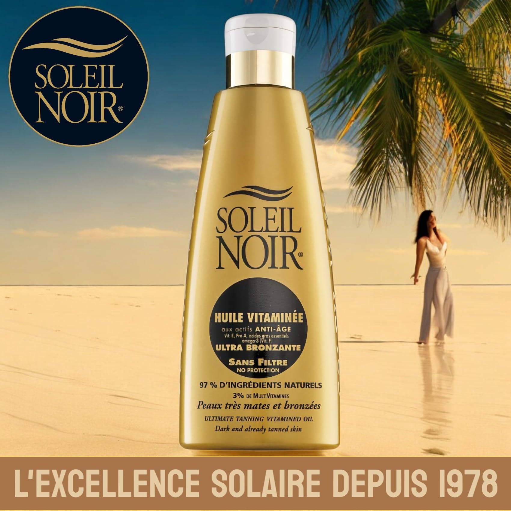 Soleil Noir - Huile Ultra-Bronzante Vitaminée sans Filtre - Peaux Très Mates et Bronzées - 97% d’Ingrédients Naturels - Fabrication Française - Flacon avec Capsule Service, 150 ml