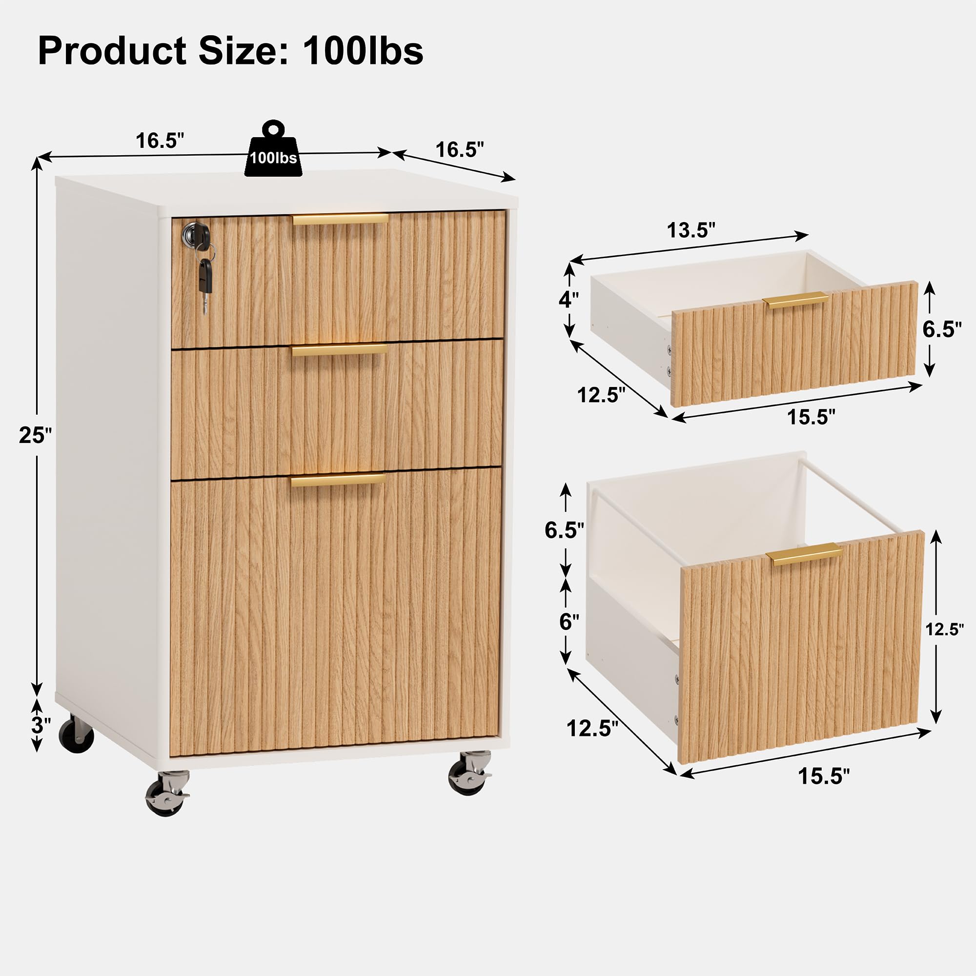 3 Drawer Mobile File Cabinet with Lock, Rolling File Cabinet, Under Desk Wooden Filing Cabinets for Home Office