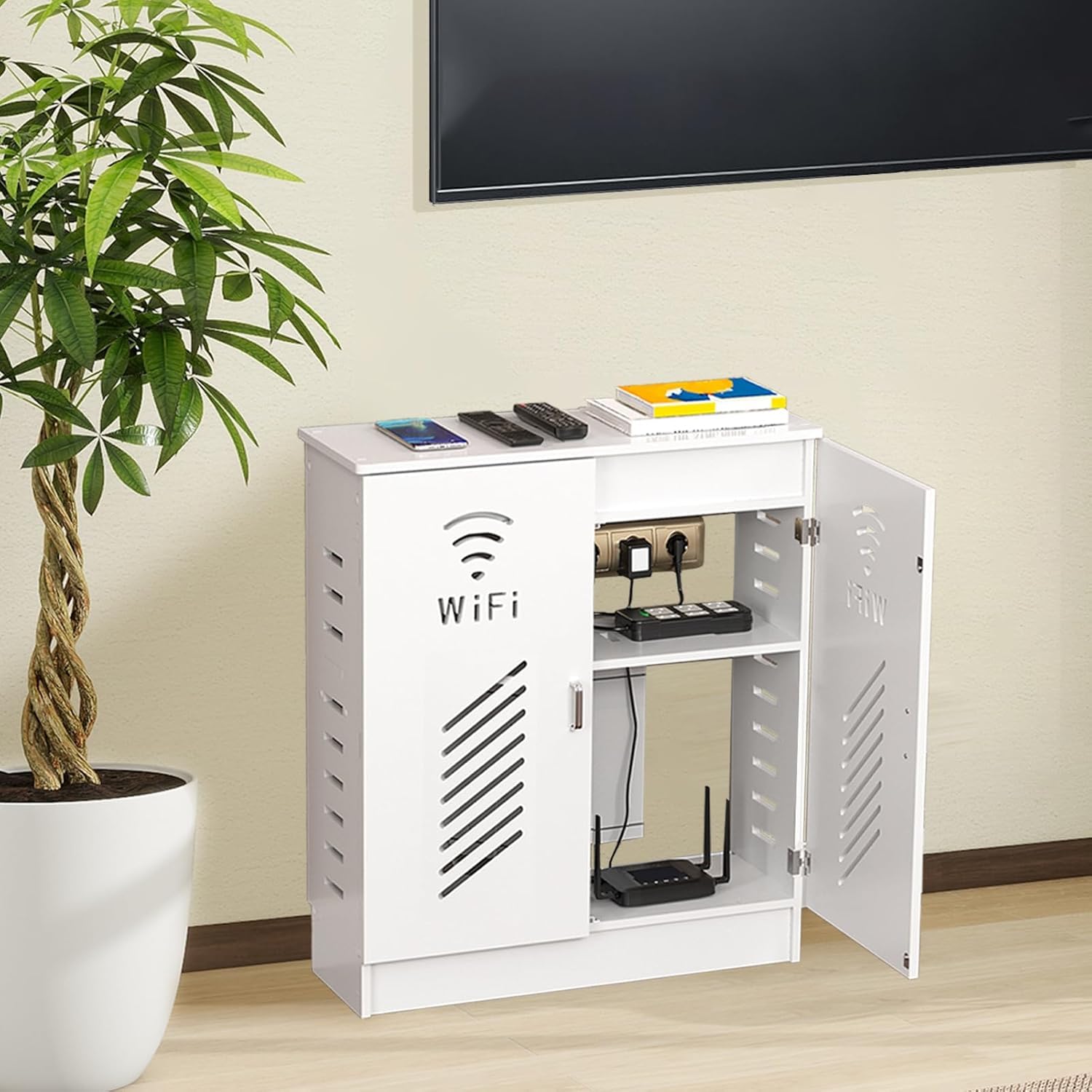 WiFi Router Aufbewahrungsbox, PVC Drahtlose Router Lagerung Schrank | Weiß mit Verstellbaren Regalen, 50X70X25CM, Für Büro und Haus
