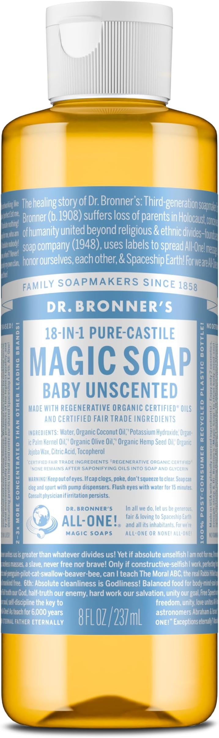 Pure-Castile Magic Liquid Soap (Baby Unscented, 8 Ounce)- Made with Regenerative Organic Certified Oils, For Face, Body Wash, Baby Soap, Sensitive Skin, No Added Fragrance, Vegan