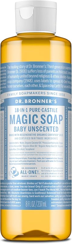 Dr. Bronner's Baby Jabón líquido de castilla puro sin perfume, sin fragancia, 8 oz | Gel de baño, suave para la piel sensible, usos 18 en 1: manos, cara, cabello, lavandería, mascotas y más - Ingredientes orgánicos y de comercio justo