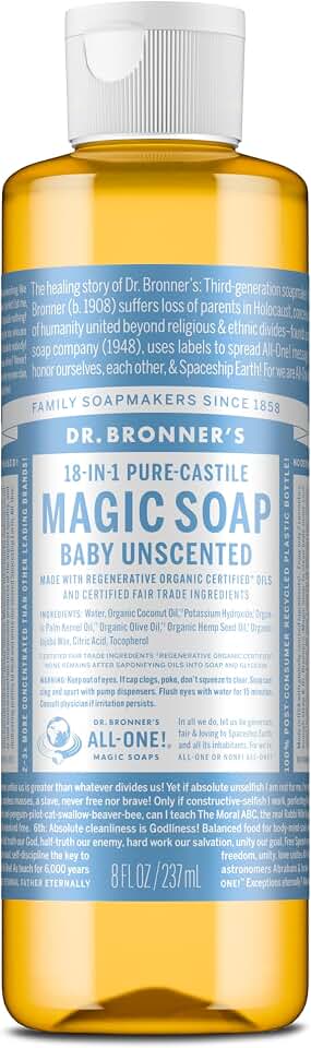 Dr. Bronner&#x27;s Baby Unscented Pure-Castile Liquid Soap, No Fragrance, 8 oz | Body Wash, Gentle on Sensitive Skin, 18-in-1 Uses: Hands, Face, Hair, Laundry, Pets & More - Fair Trade & Organic Ingredients EWG Verified Fair for Life [Amazon-developed Certification] Compact by Design