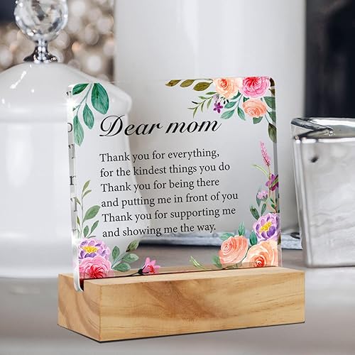 Miniatura 5 de Regalo para mamá de hija e hijo, Thoughtful Dear Mom Thank You for Everything Decoración de escritorio de acrílico con soporte de madera, letrero de