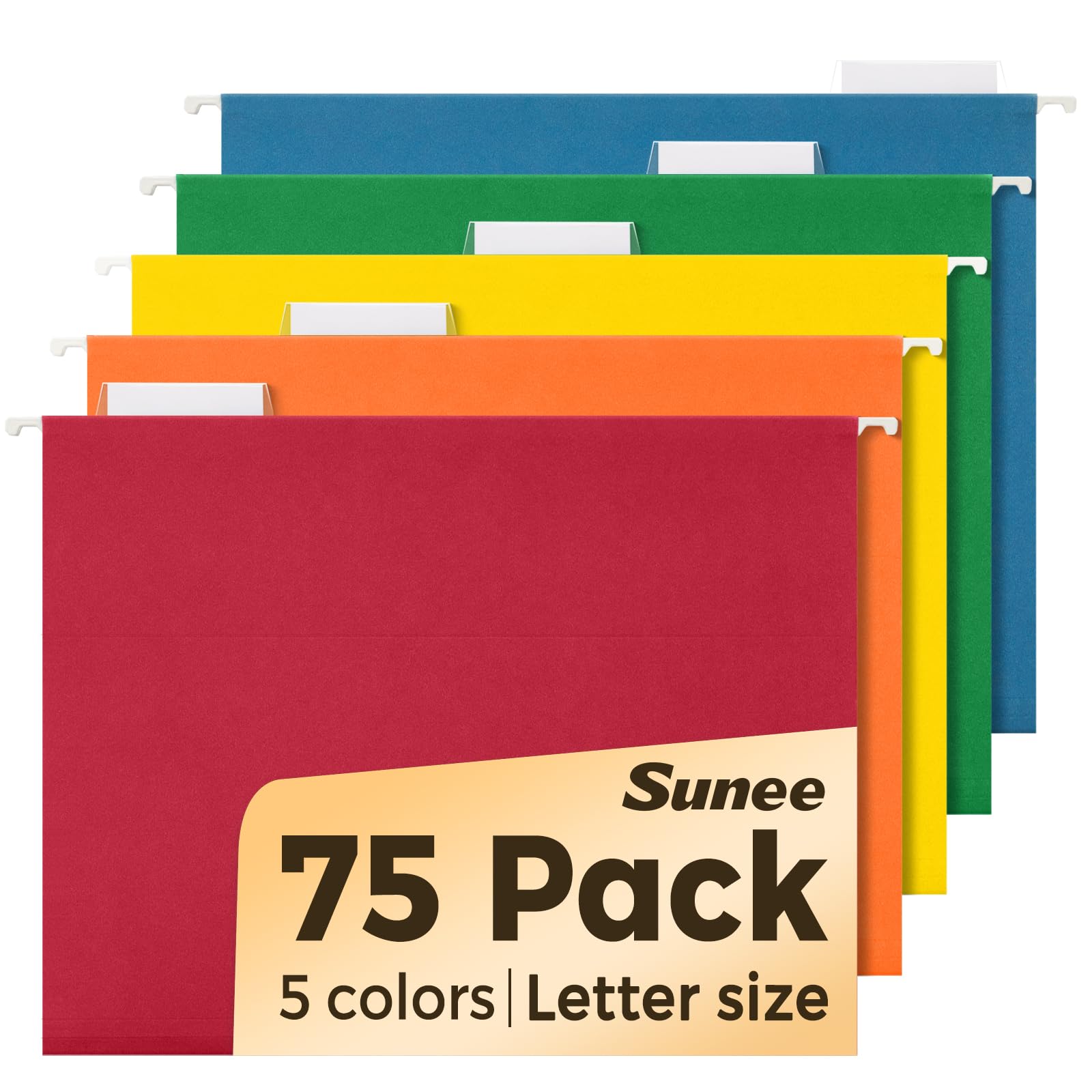 SUNEE Hanging File Folders, Assorted Colors - 75 Pack, Colored File Folders Letter Size with 1/5-Cut Tabs, Ideal for Organizing Home and Office