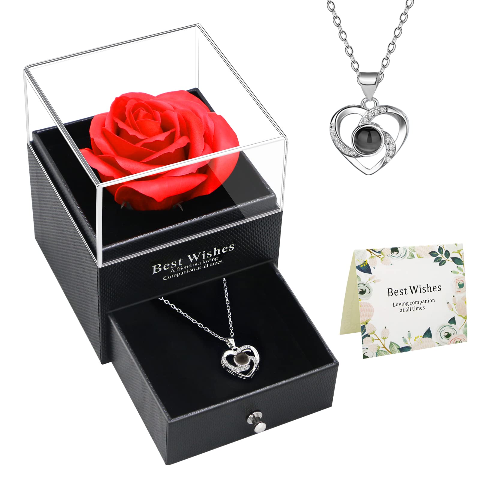 ZMCINERPreserved Rose with Necklace in 100 Languages I Love You, Valentines Day Gifts for Her, Birthday Gifts for Women, Mothers Day Gifts, Christmas Gifts for Women