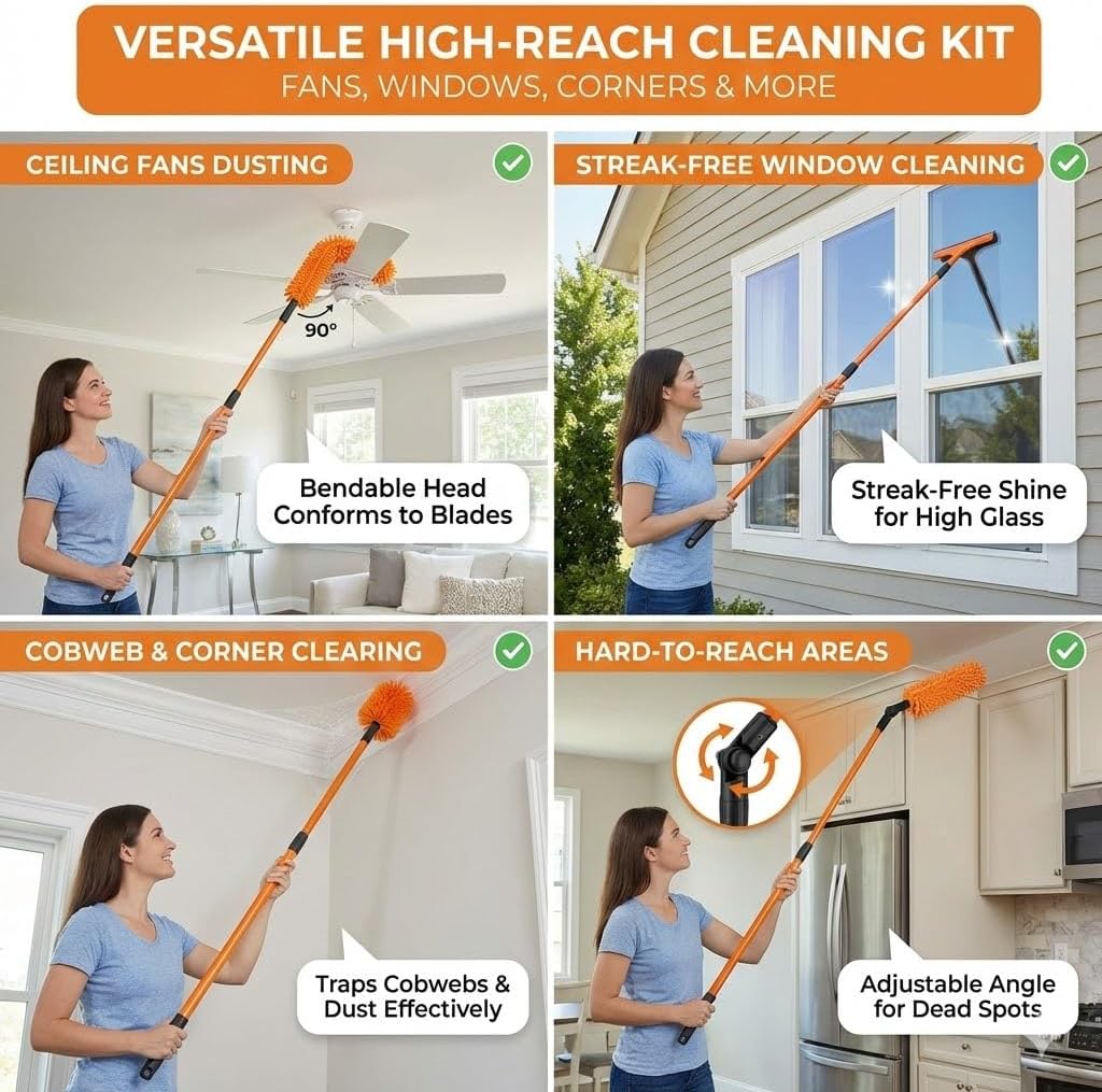 20FT Light Bulb Changer for High Ceilings, 10PCS Extension Pole Kit with 360° Adjustable Bulb Grabber, Ceiling Fan Duster & Window Cleaner, No Ladder Needed