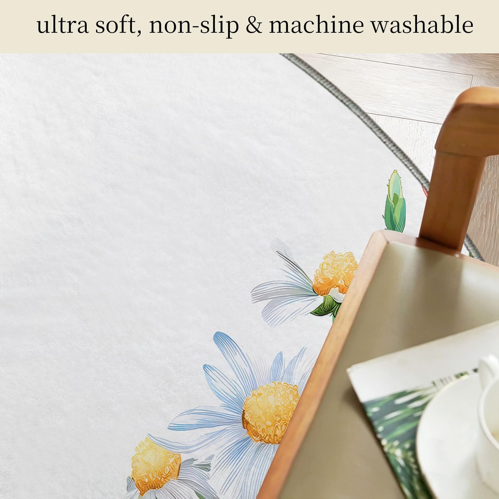 Tappeto rotondo lavabile, 90 cm, motivo natura botanica, morbido, con stampa di papaveri floreali, a pelo corto, antiscivolo, per ingresso, soggiorno, camera da letto, accanto al divano e all'ufficio
