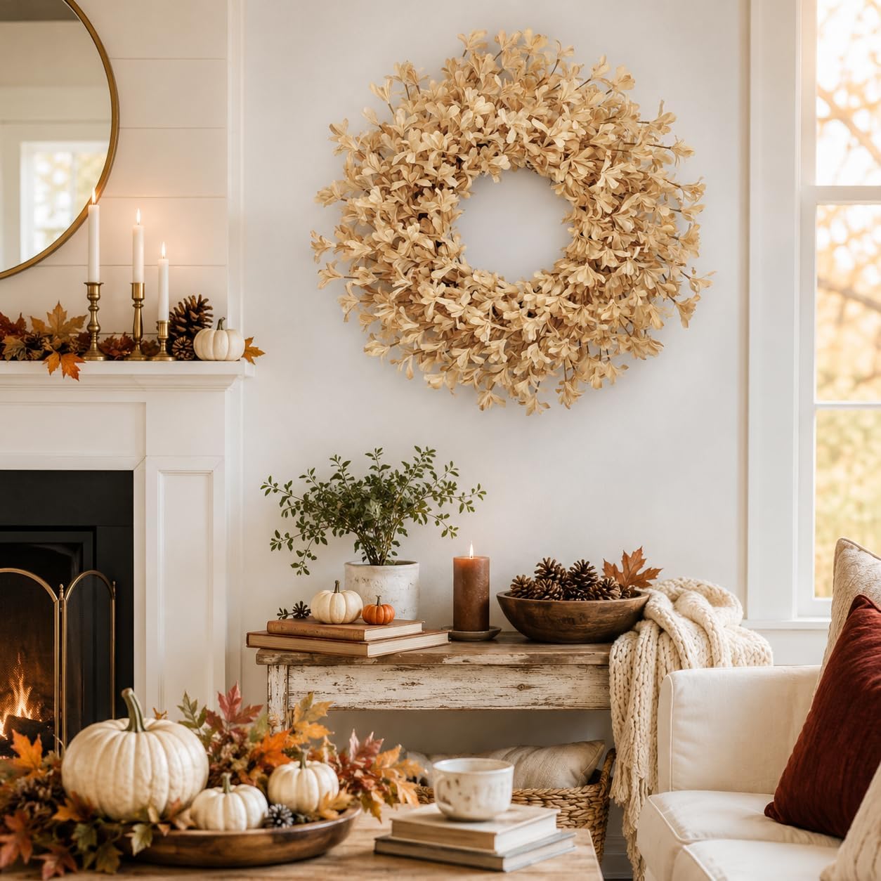 24 Inch Fall Wreaths for Front Door, Champagne Forsythia Autumn Wreath | Large Thanksgiving wreath for indoor or covered porch fall decor, wall, window, mantel and farmhouse home displays