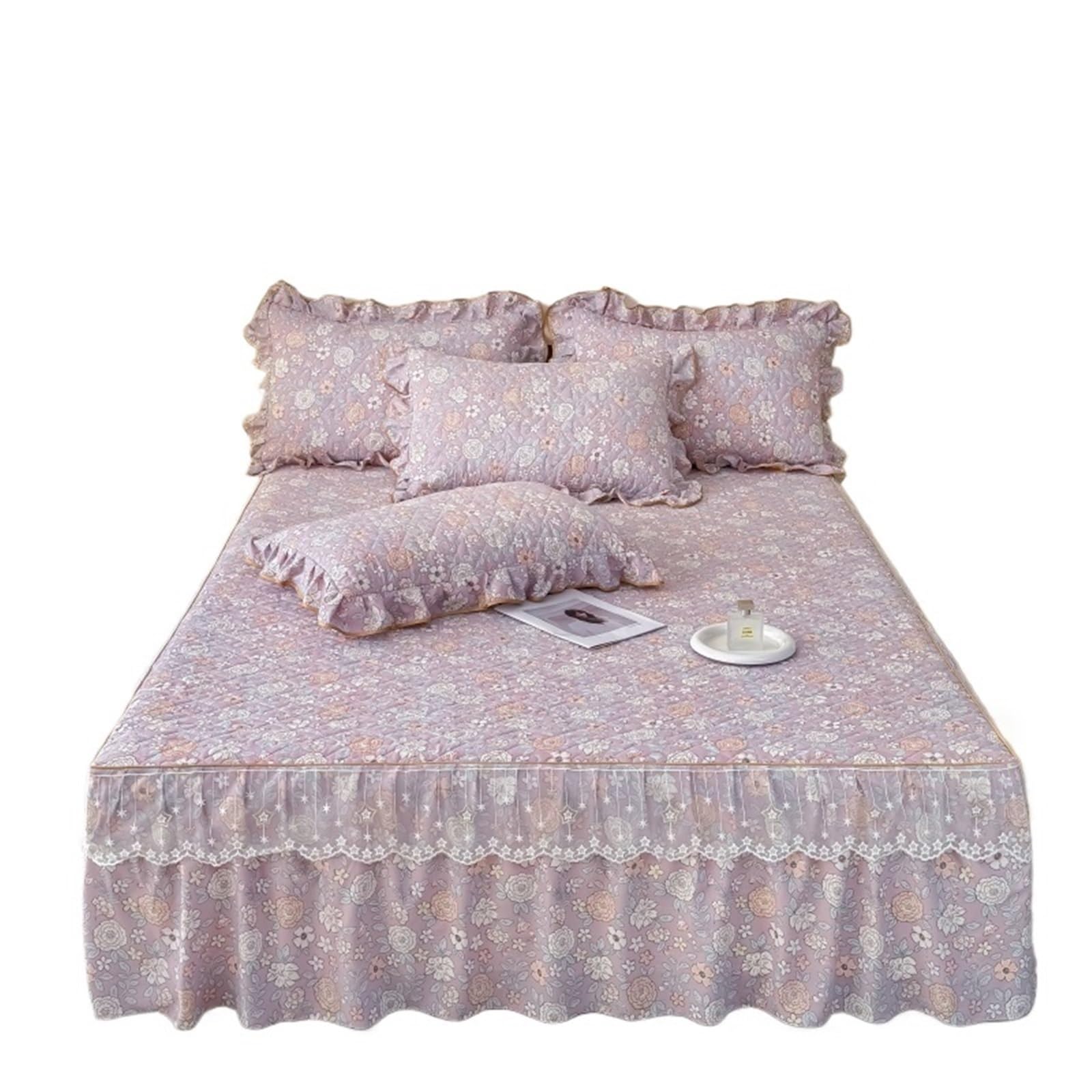 1pc Bed Skirt Thicken Ruffles Bedspread Floral Style Cover Quilted Mattress Protector Falda De Cama (No Pillowcase)(Color 3,Queen 150x200cm 1pc)