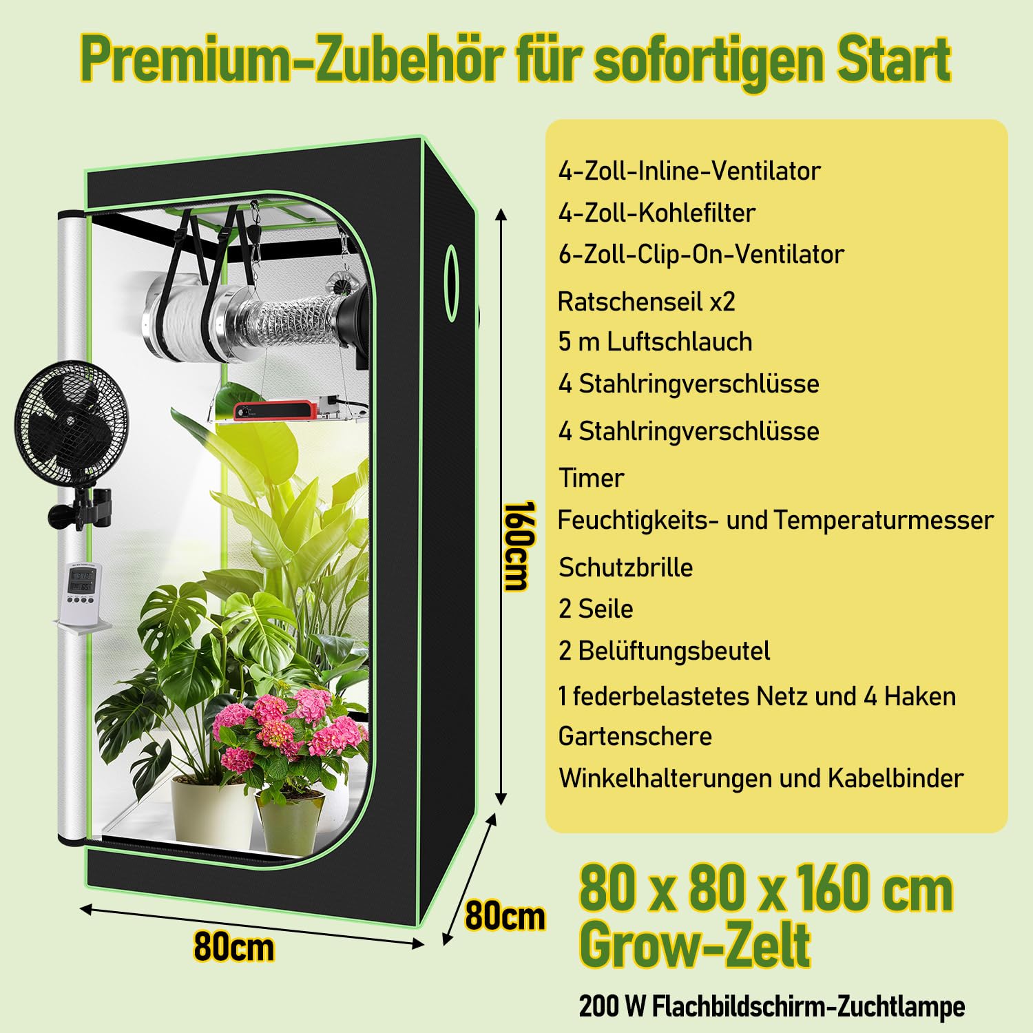 Growzelt Komplettset 80x80x180cm – Indoor Hydroponik Zelt inklusive 240W Faltbarer LED Grow Lampe und Vollspektrum Belüftungssystem