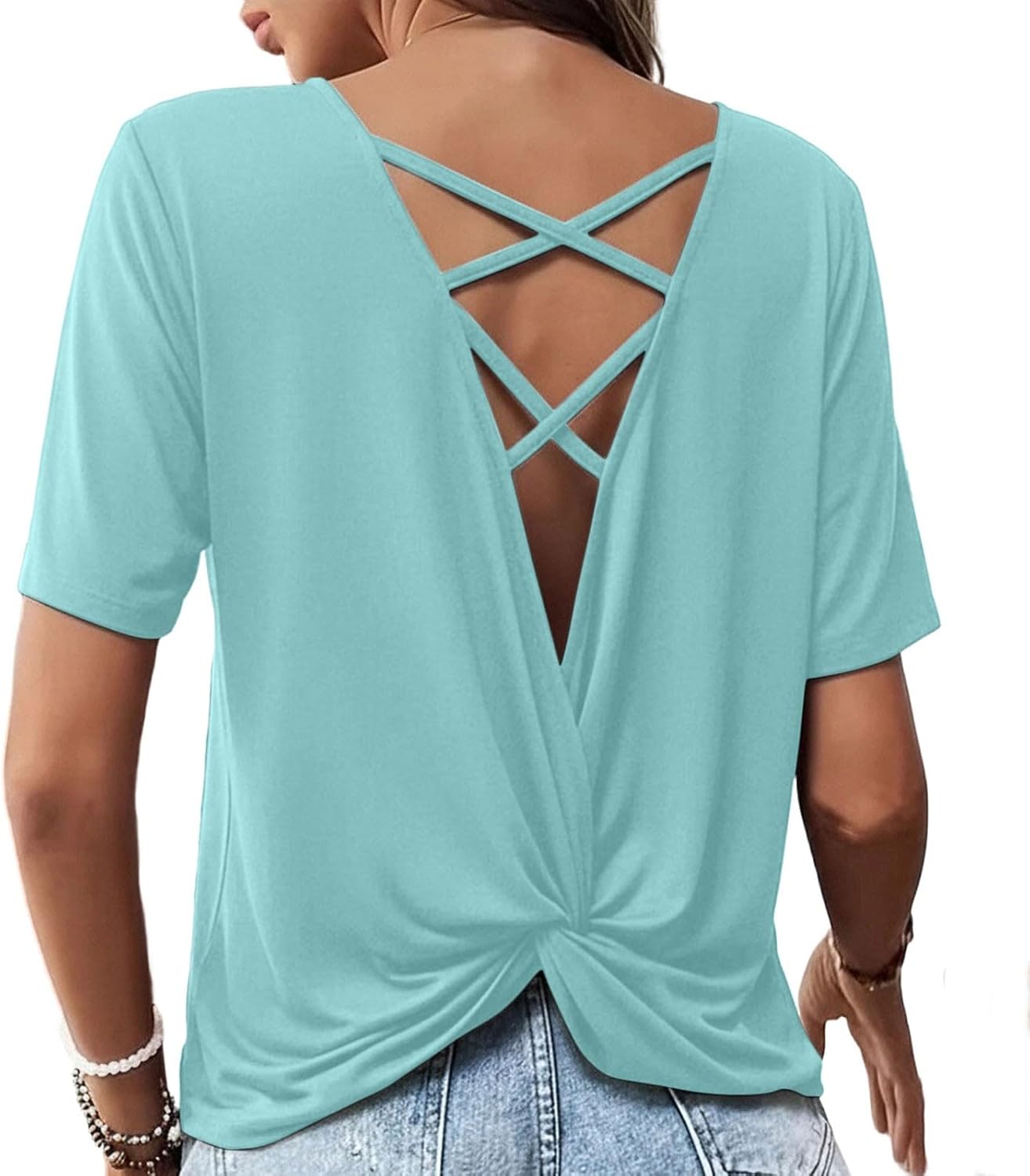 Open Back Tops for Women Round Neck Casual Workout Crisscross-Back Tops Slim Fit Going Out Top Y2k Basic Clothes