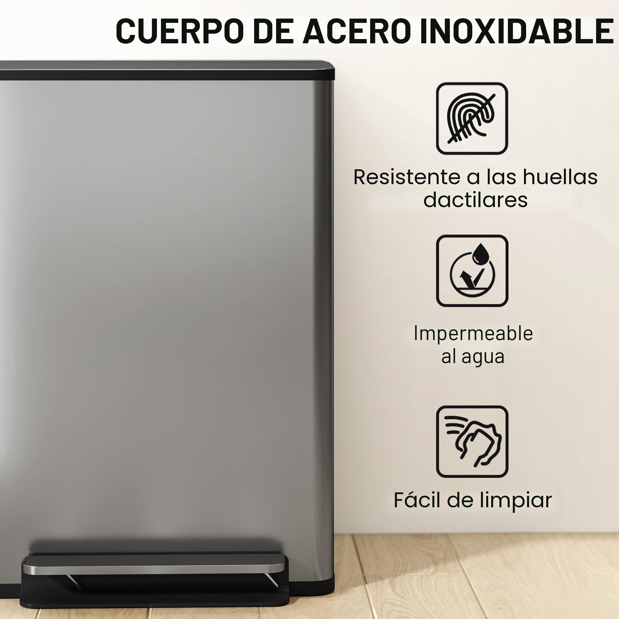 HOMCOM 13.2 Gal./50 L Cubo de basura antihuellas Soft-Close Tapa Plateado | Cubo interior extraíble, tapa de cierre suave, mantenimiento de apertura, filtro antiolor, asas