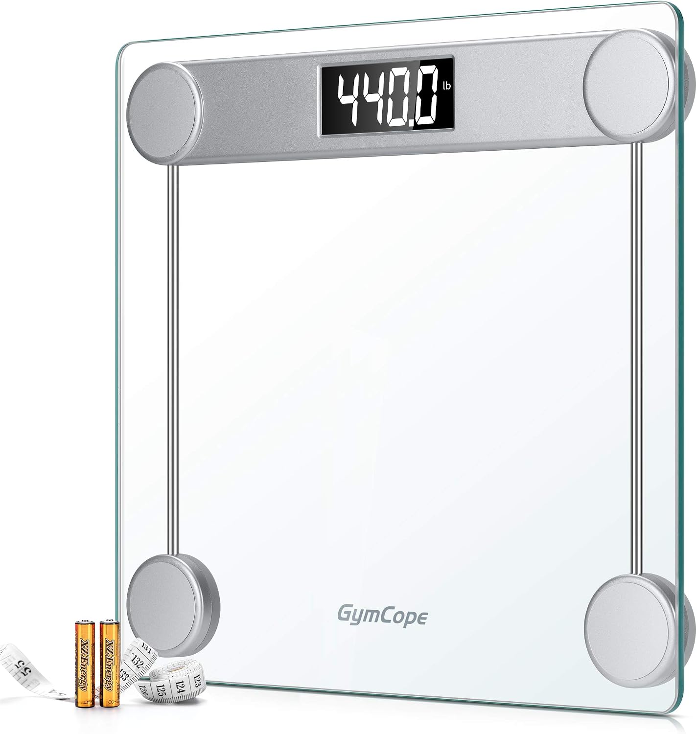 GymCope Digital Bathroom Scale for Body Weight (440lbs/200kg), High Precision Step On Scale with LCD Backlit, Large Tempered Glass Platform, Tape Measure and Batteries Included