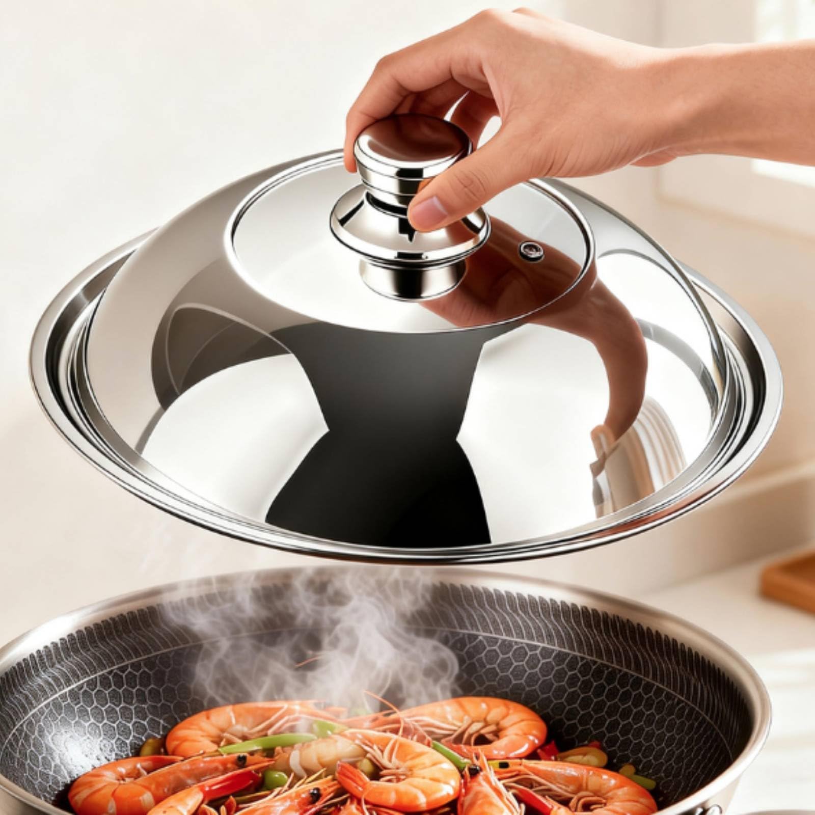Coperchio in Acciaio Inox Coperchio Universale Antiaderente Coperchio Pentola Manico Resistente Design a Cupola con Finestra Trasparente Adatto per Casa Preparazione Pasti Catering, 38CM