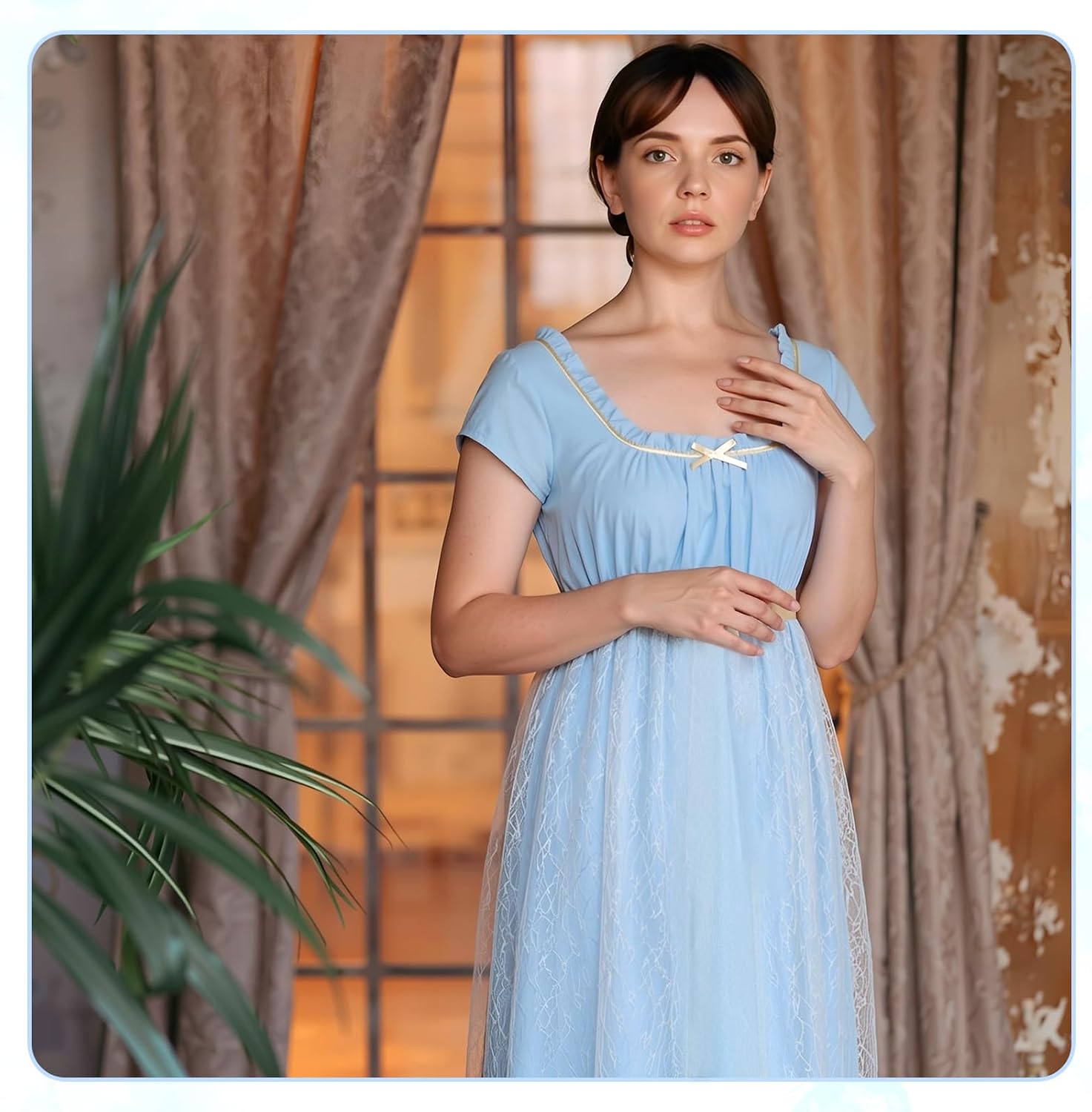 Regency Dresses for Women with Satin Sash Cap Sleeve Lace Cover Empire Waist Victorian Tea Party Gown