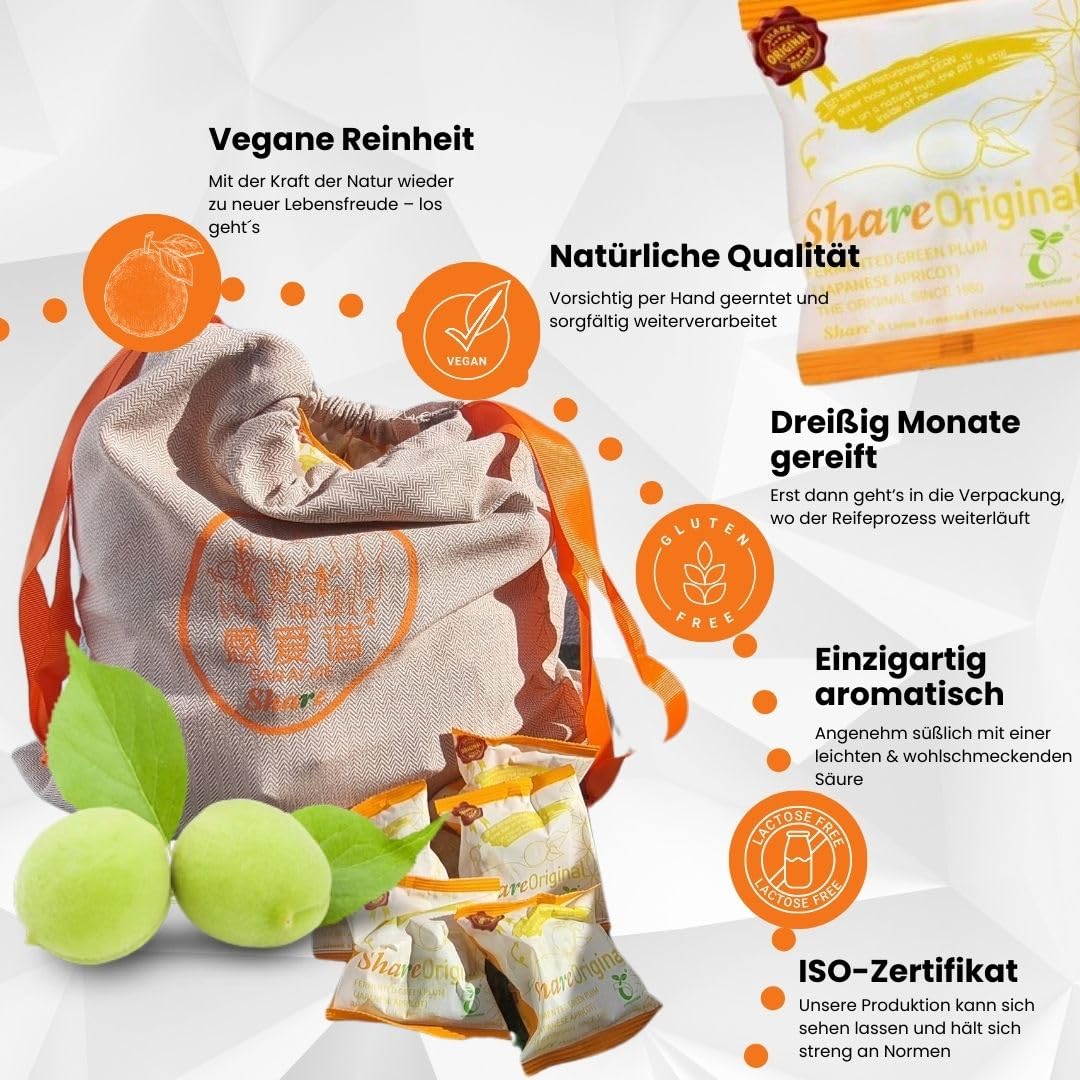 Share Original fermentierte Pflaumen im Eco Beutel 500g (30 Stück) grüne Pflaume fermentiert 500g | grüne Pflaumen/japanischen Aprikosen sind vegan, laktosefrei